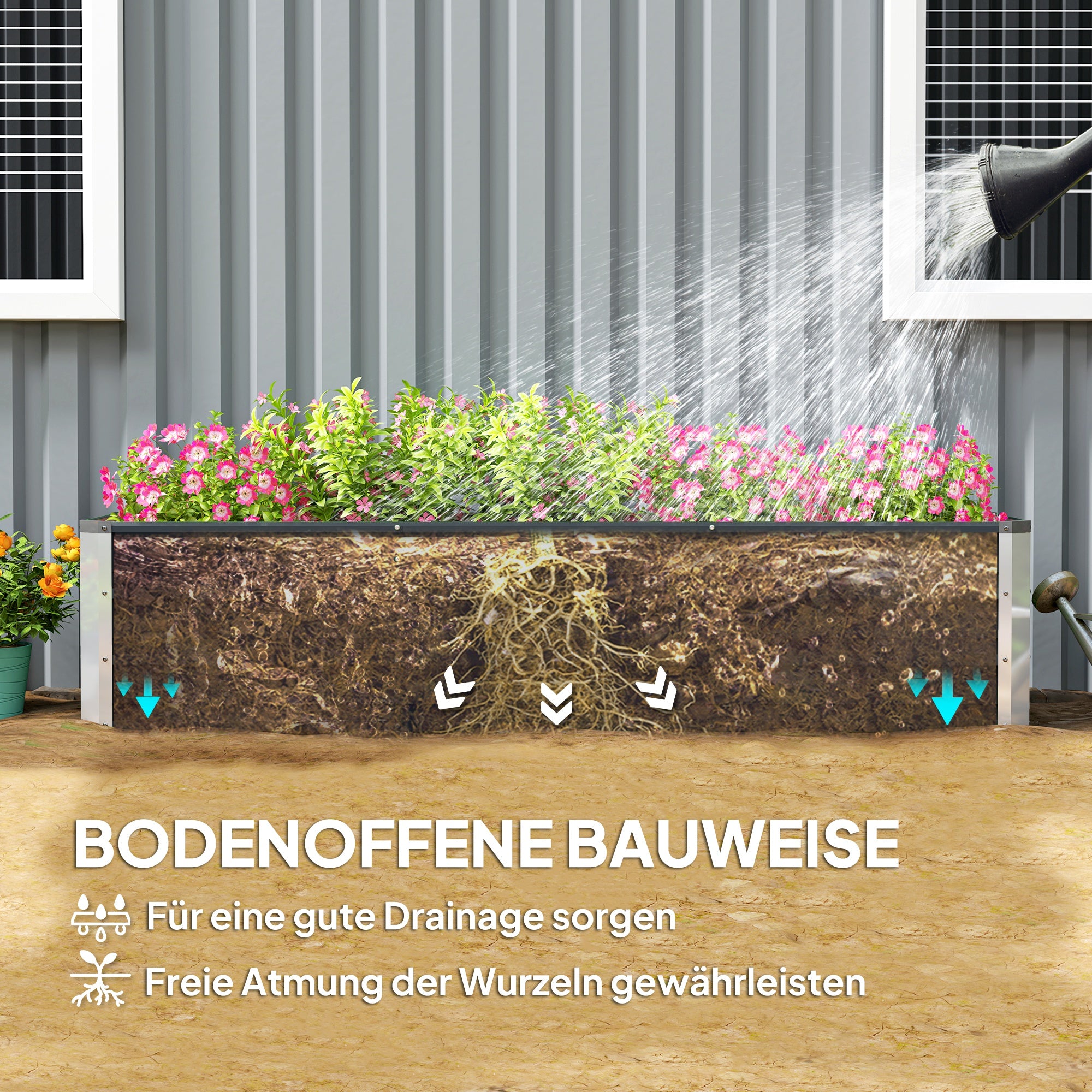 Steel Raised Garden Bed Planter Flower Box Flower Pot with Gloves Grey 183 x 47 x 40 cm
