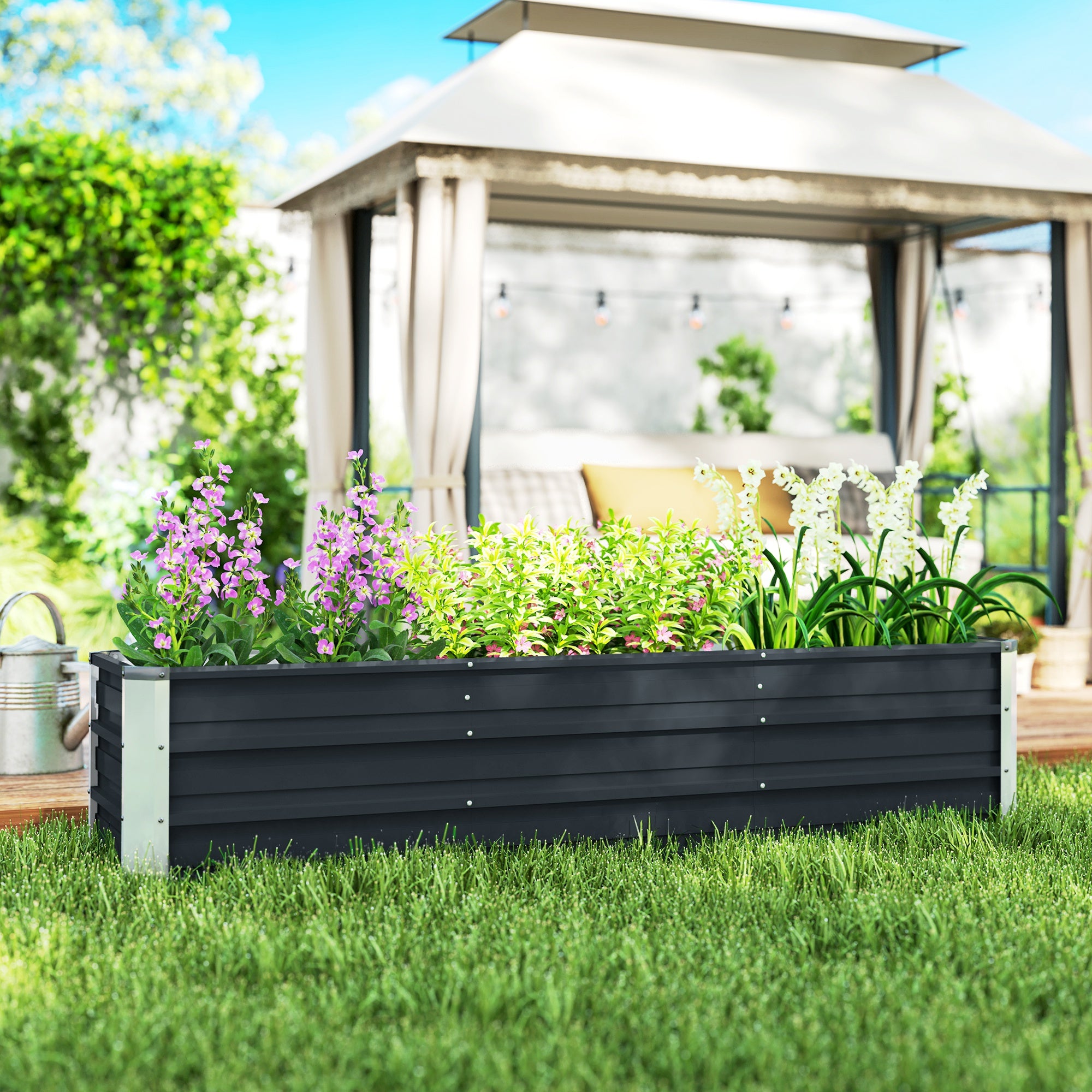 Steel Raised Garden Bed Planter Flower Box Flower Pot with Gloves Grey 183 x 47 x 40 cm