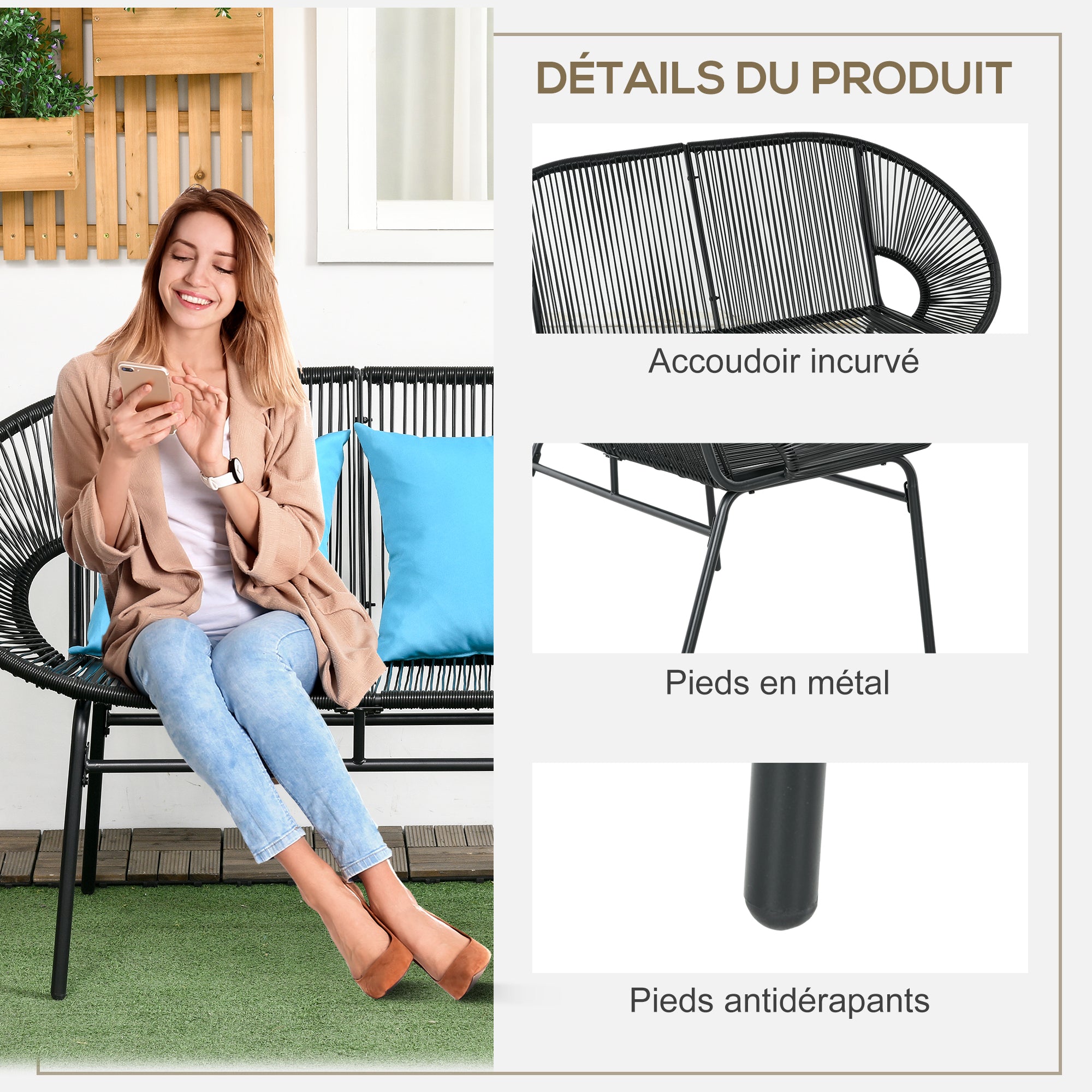 2-Seater Garden Bench in Steel and Resin Cord with 2 Cushions - dim. 132L x 72W x 83H cm - black