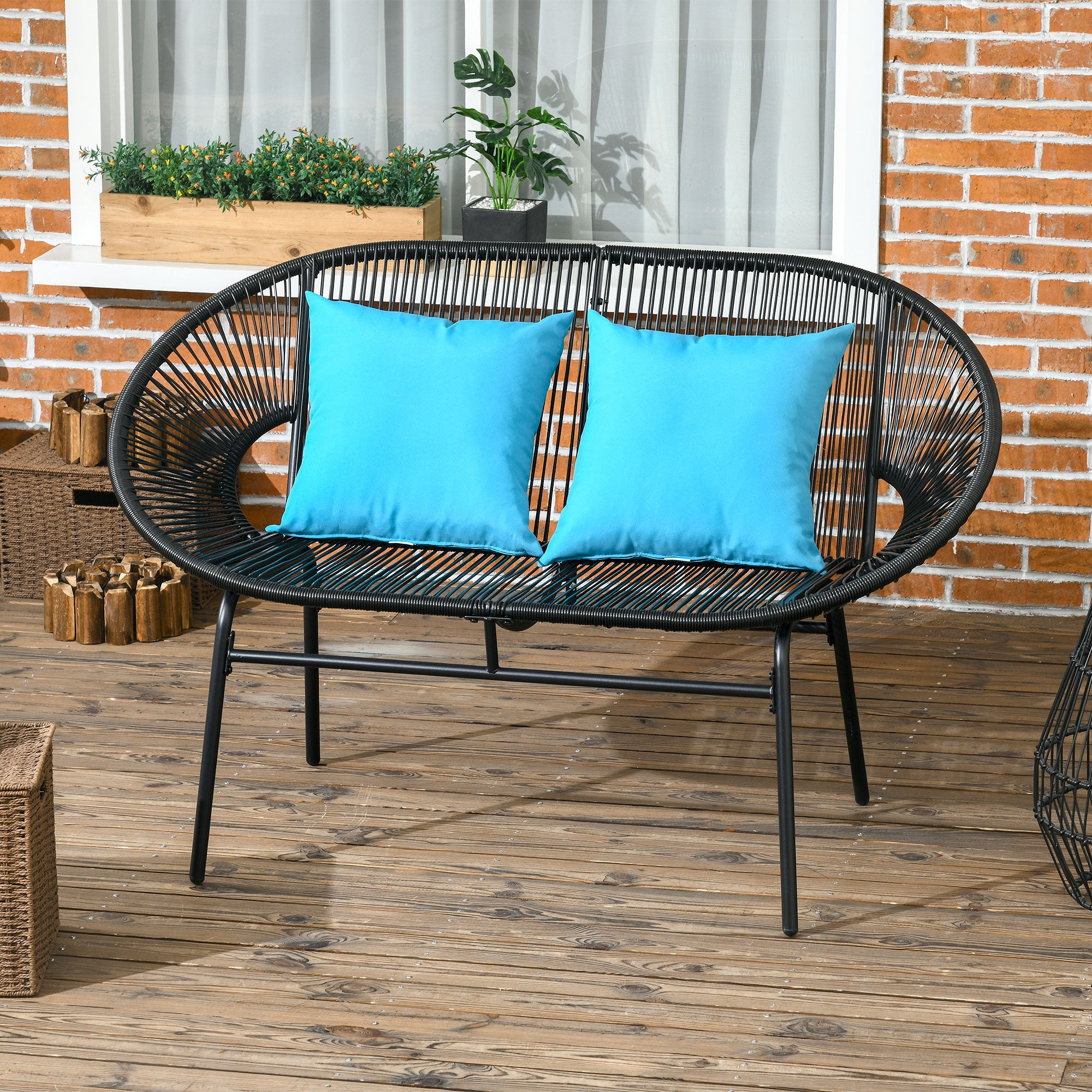 2-Seater Garden Bench in Steel and Resin Cord with 2 Cushions - dim. 132L x 72W x 83H cm - black