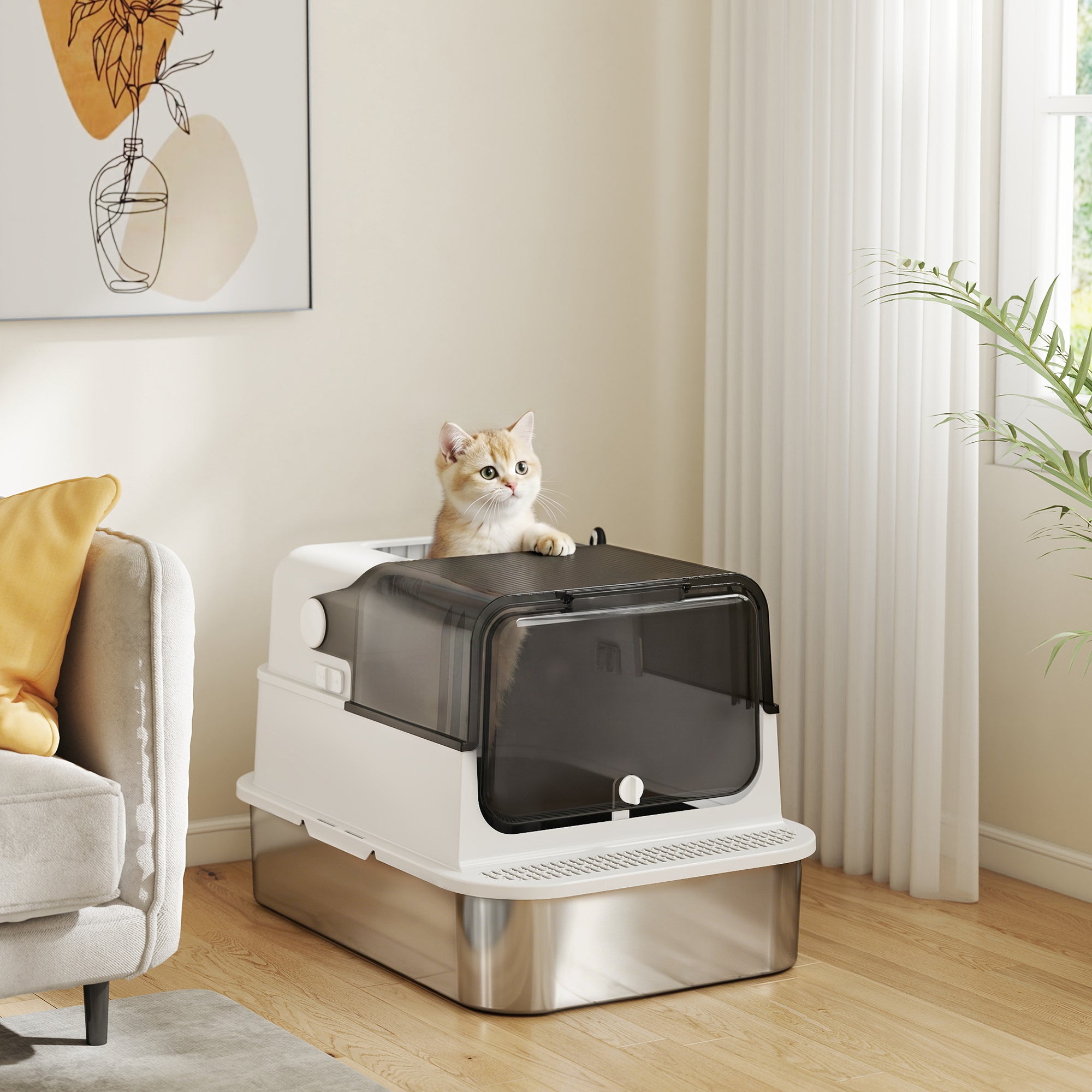 XXL Stainless Steel Enclosed Cat Litter Box – Flip-Top Hood, High Sides, Top Entry, Scoop, Odor Control, Easy to Clean, Leakproof, White