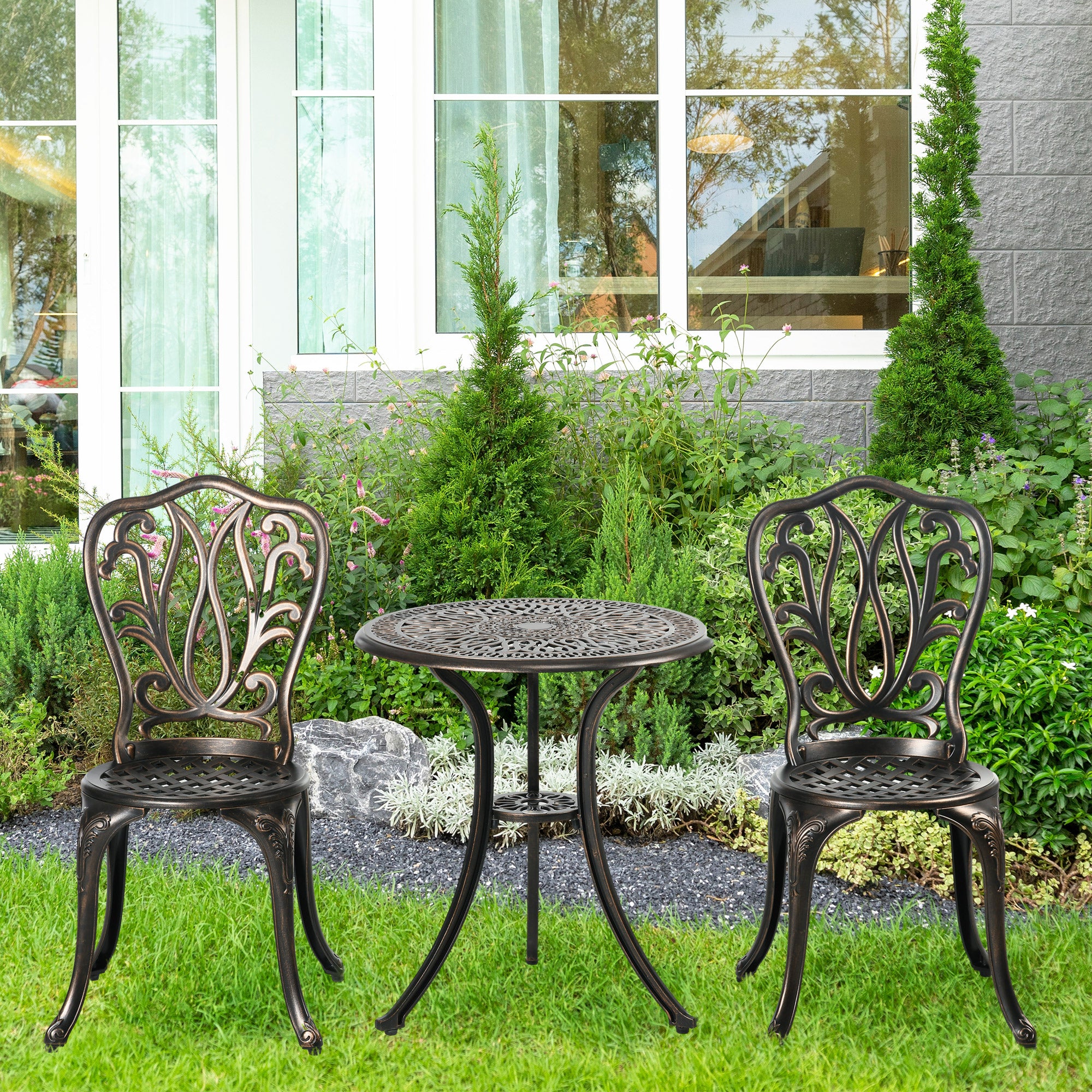 2-Seater Garden Set 2 Chairs + Round Table in Retro Charm Cast Aluminum, Bronze