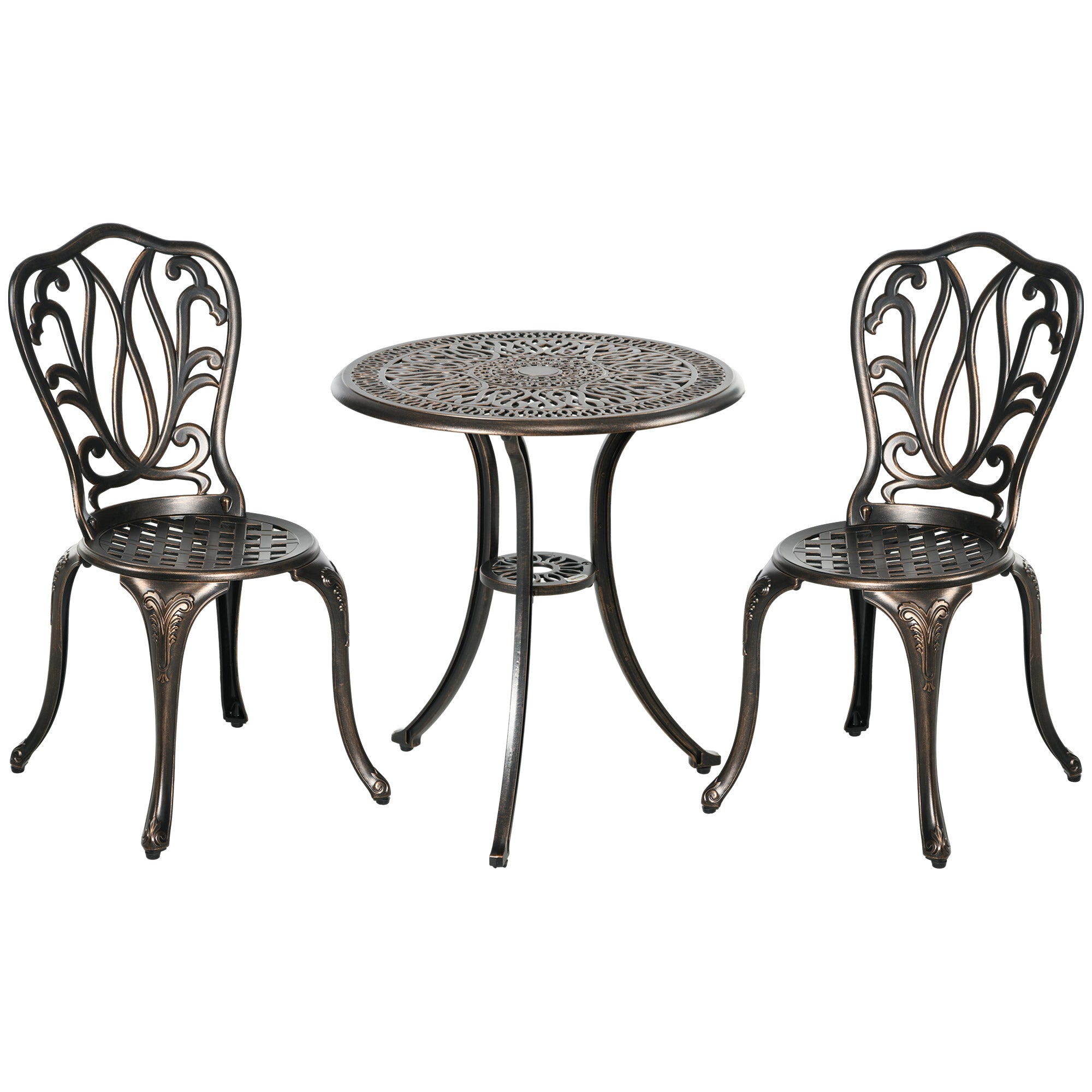 2-Seater Garden Set 2 Chairs + Round Table in Retro Charm Cast Aluminum, Bronze