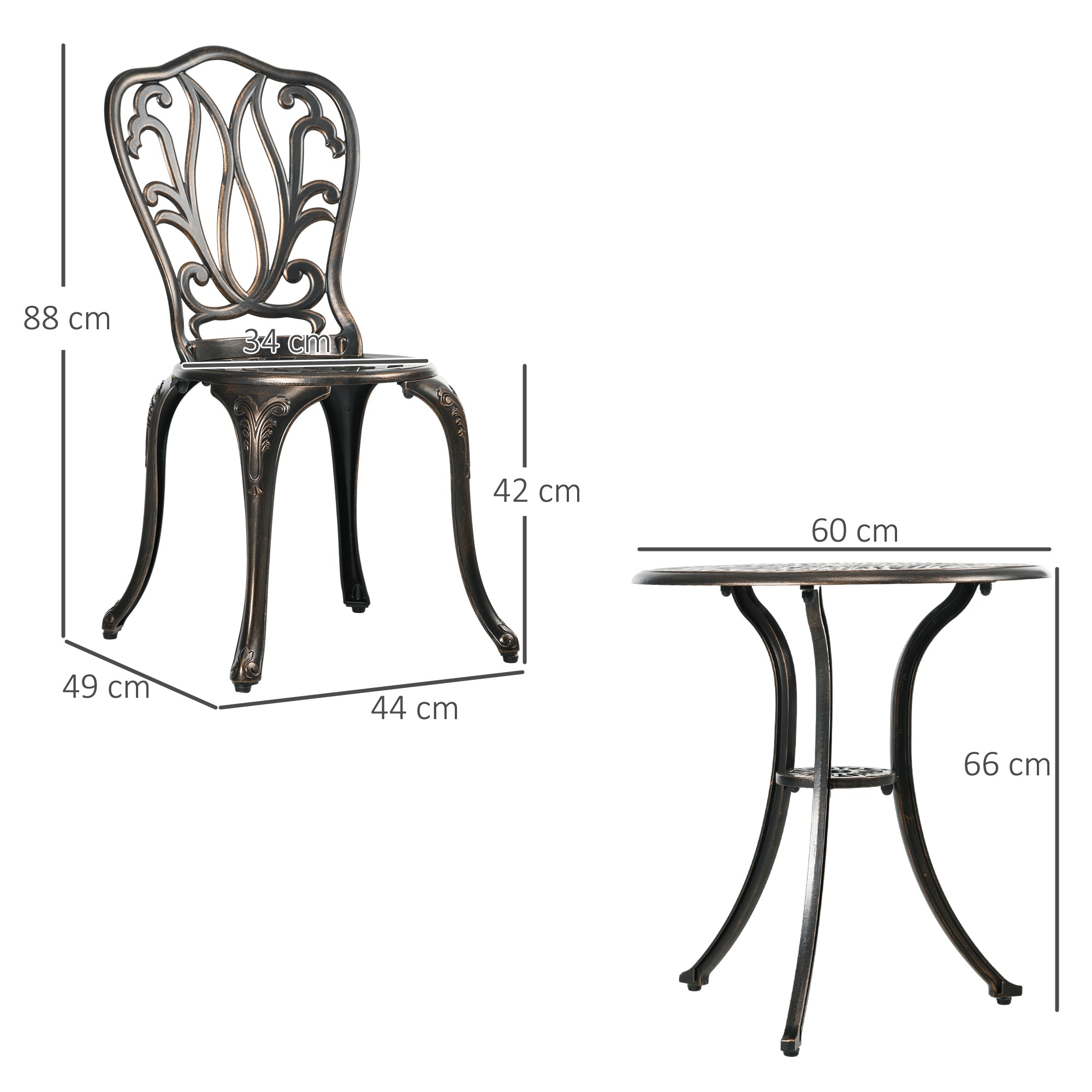 2-Seater Garden Set 2 Chairs + Round Table in Retro Charm Cast Aluminum, Bronze