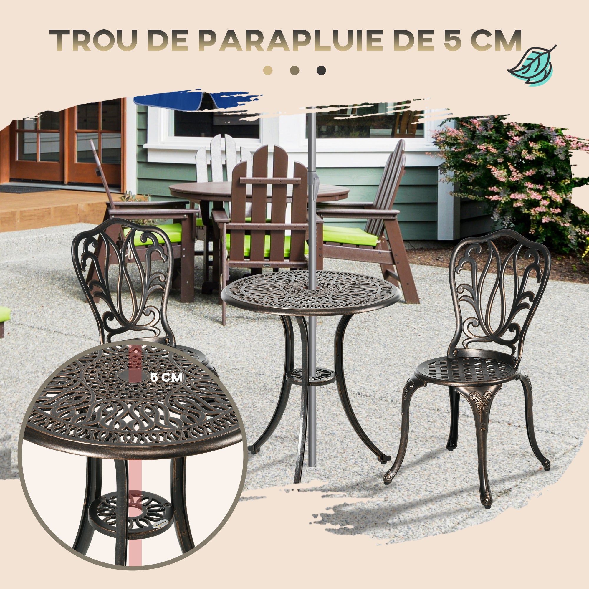 2-Seater Garden Set 2 Chairs + Round Table in Retro Charm Cast Aluminum, Bronze