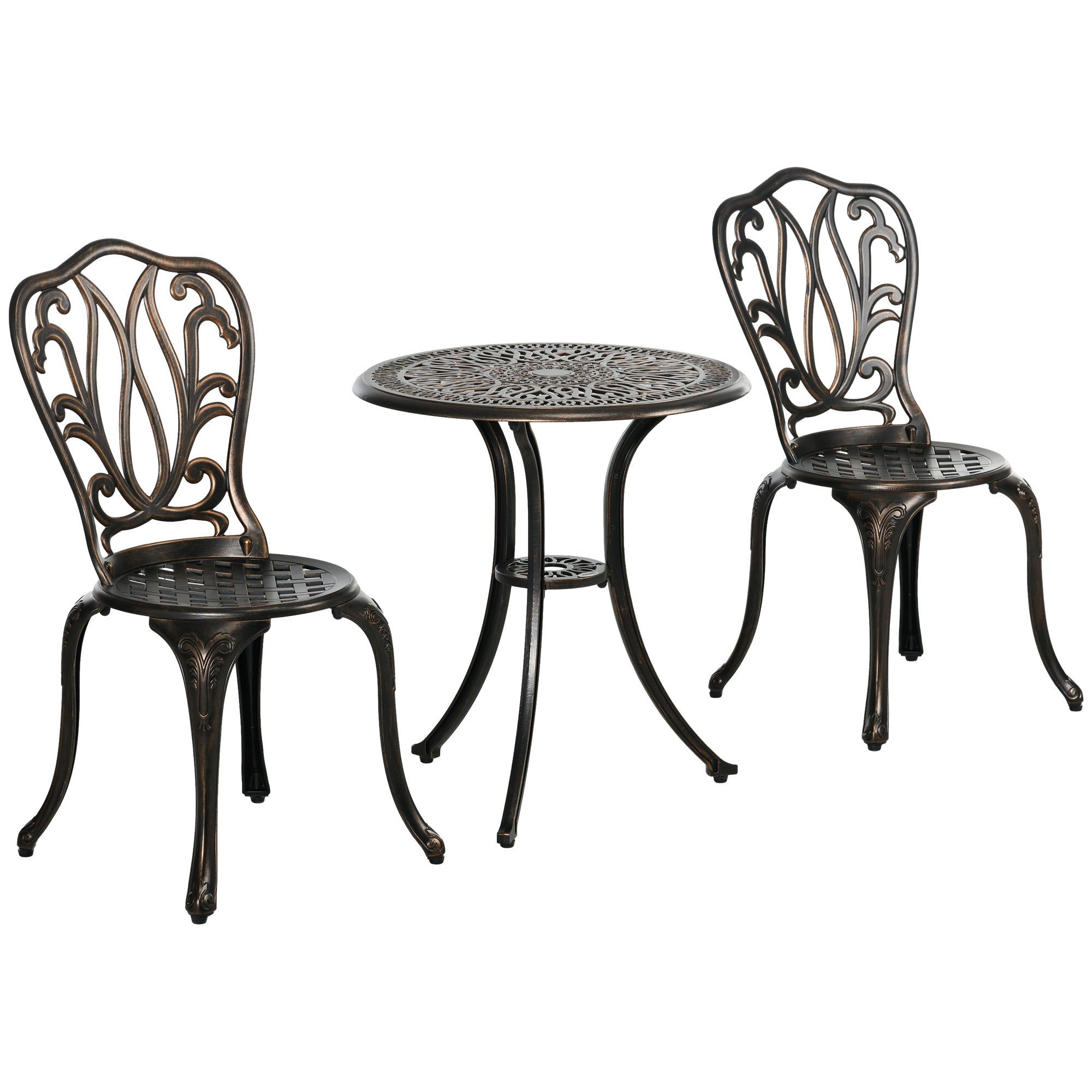 2-Seater Garden Set 2 Chairs + Round Table in Retro Charm Cast Aluminum, Bronze