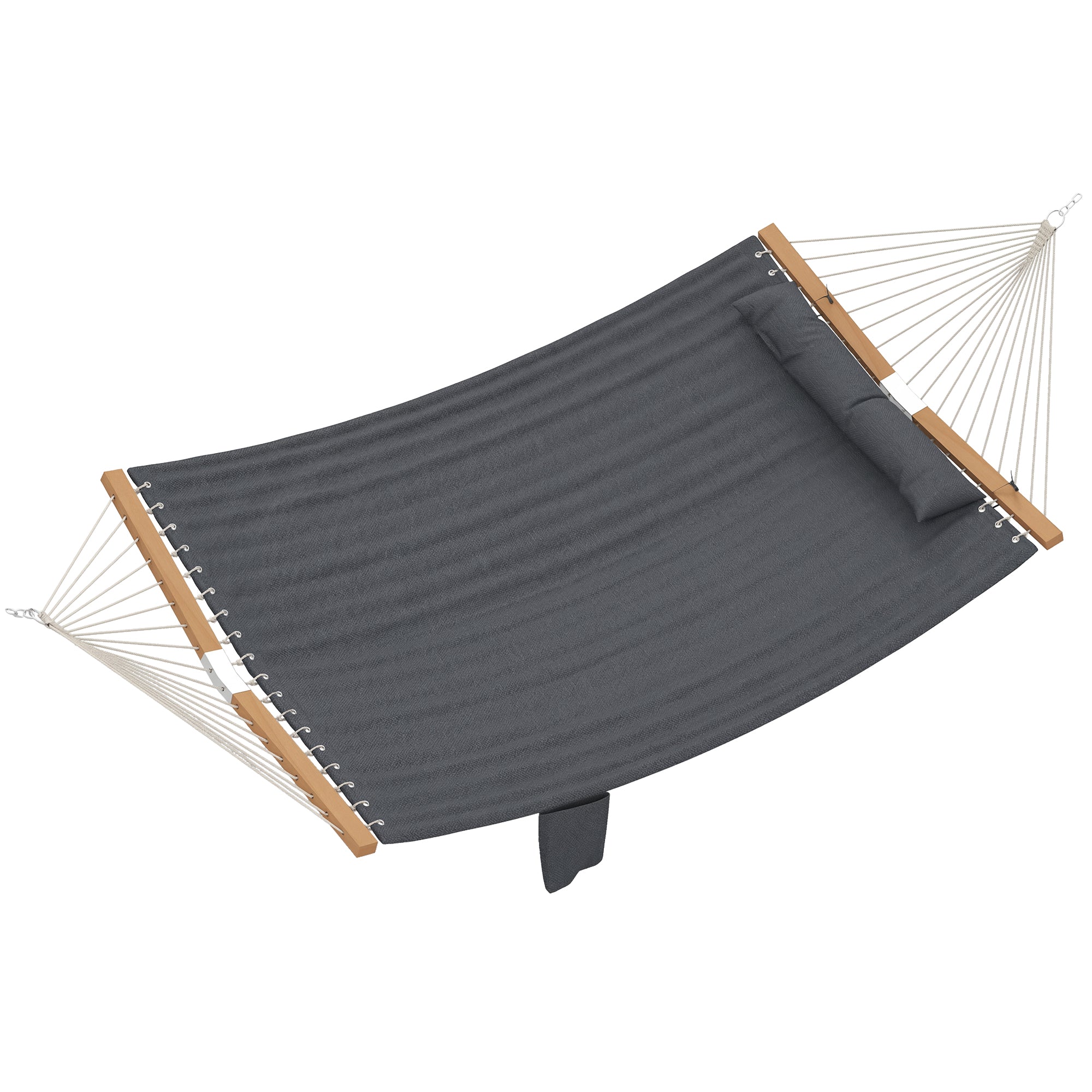 Double Quilted Outdoor Hammock with Headrest, Magazine Pocket & Beech Wood Spreaders, 200 x 140 cm (78.7 x 55 in) — Gray