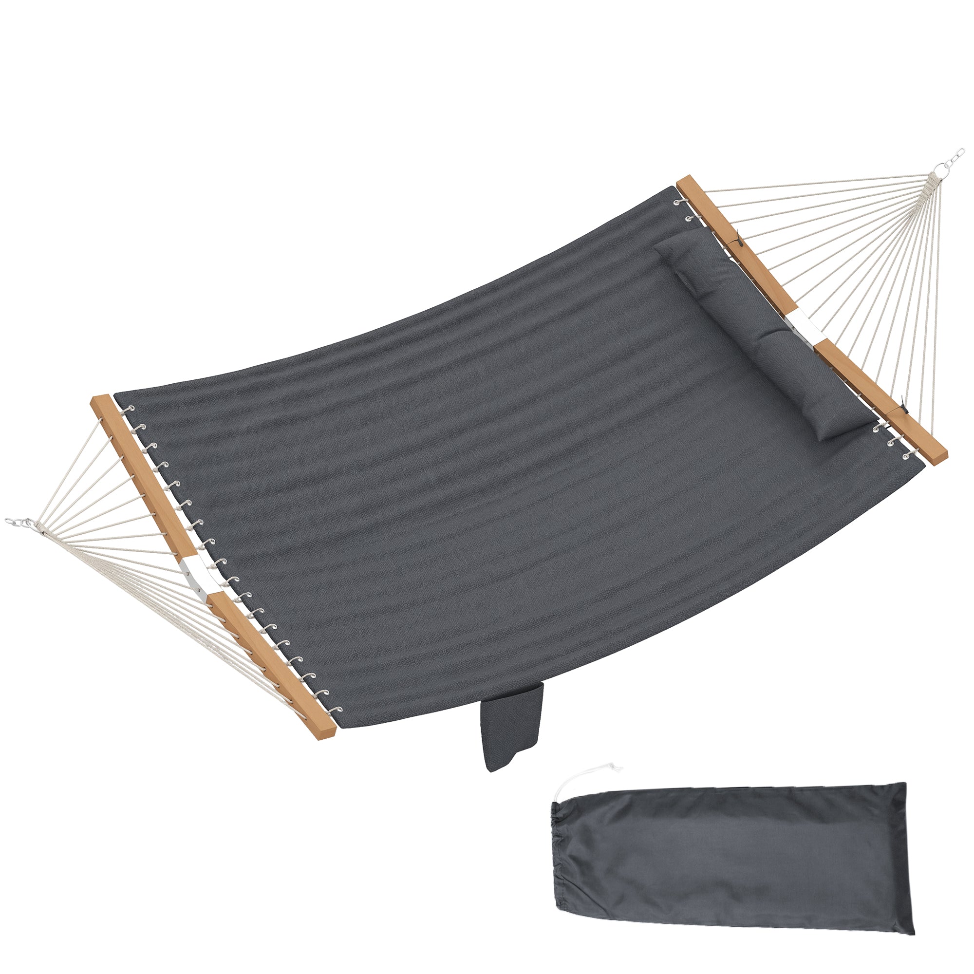 Double Quilted Outdoor Hammock with Headrest, Magazine Pocket & Beech Wood Spreaders, 200 x 140 cm (78.7 x 55 in) — Gray