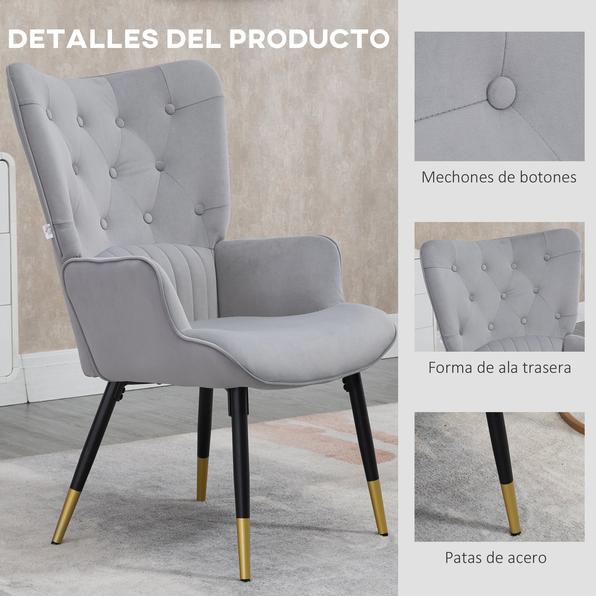 Single Armchair Bedroom Armchair Living Room Armchair Upholstered in Velvet with High Back Armrests and Steel Legs Modern Style 68x72x103 cm Gray