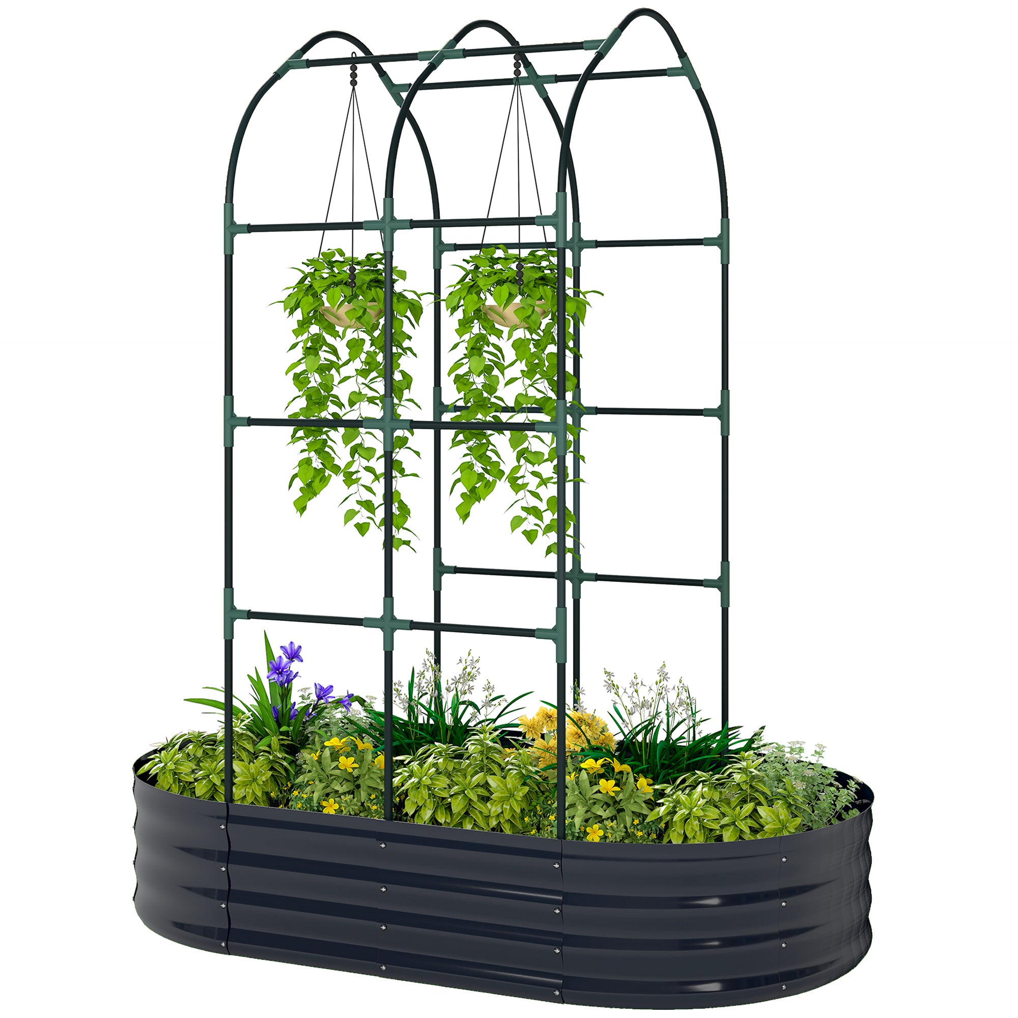 Raised Bed with Trellis, Metal Planter with Gloves — Garden Bed, Low Greenhouse, Herb Bed with Trellis for Climbing Vegetables & Flowers, 160 x 90 x 180 cm (63 x 35 x 71 in), Dark Gray