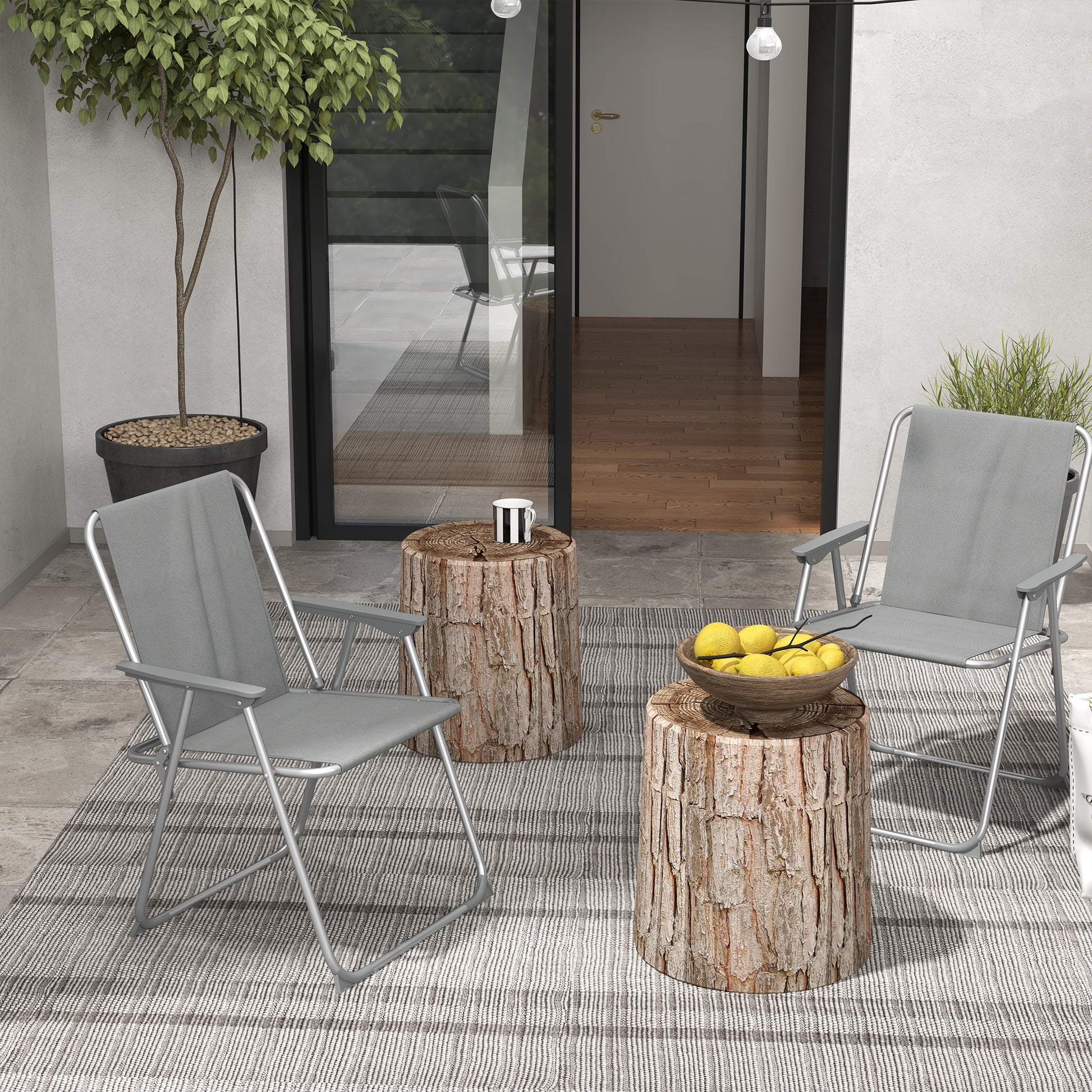 Set of 2 Folding Garden Chairs, Camping Chairs with Armrests and Breathable Fabric Seat, Grey