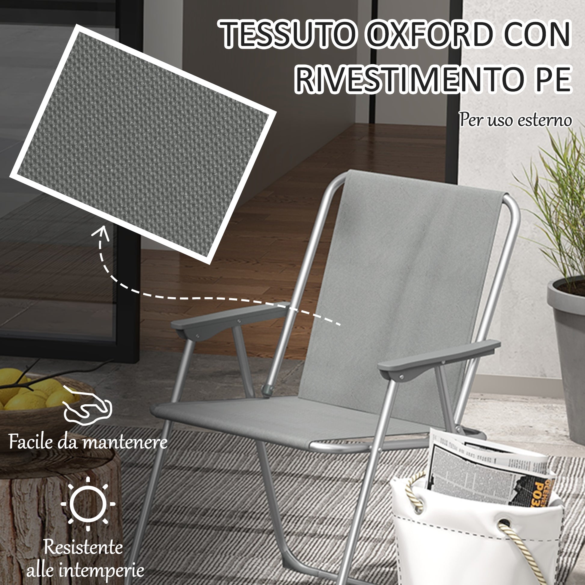 Set of 2 Folding Garden Chairs, Camping Chairs with Armrests and Breathable Fabric Seat, Grey
