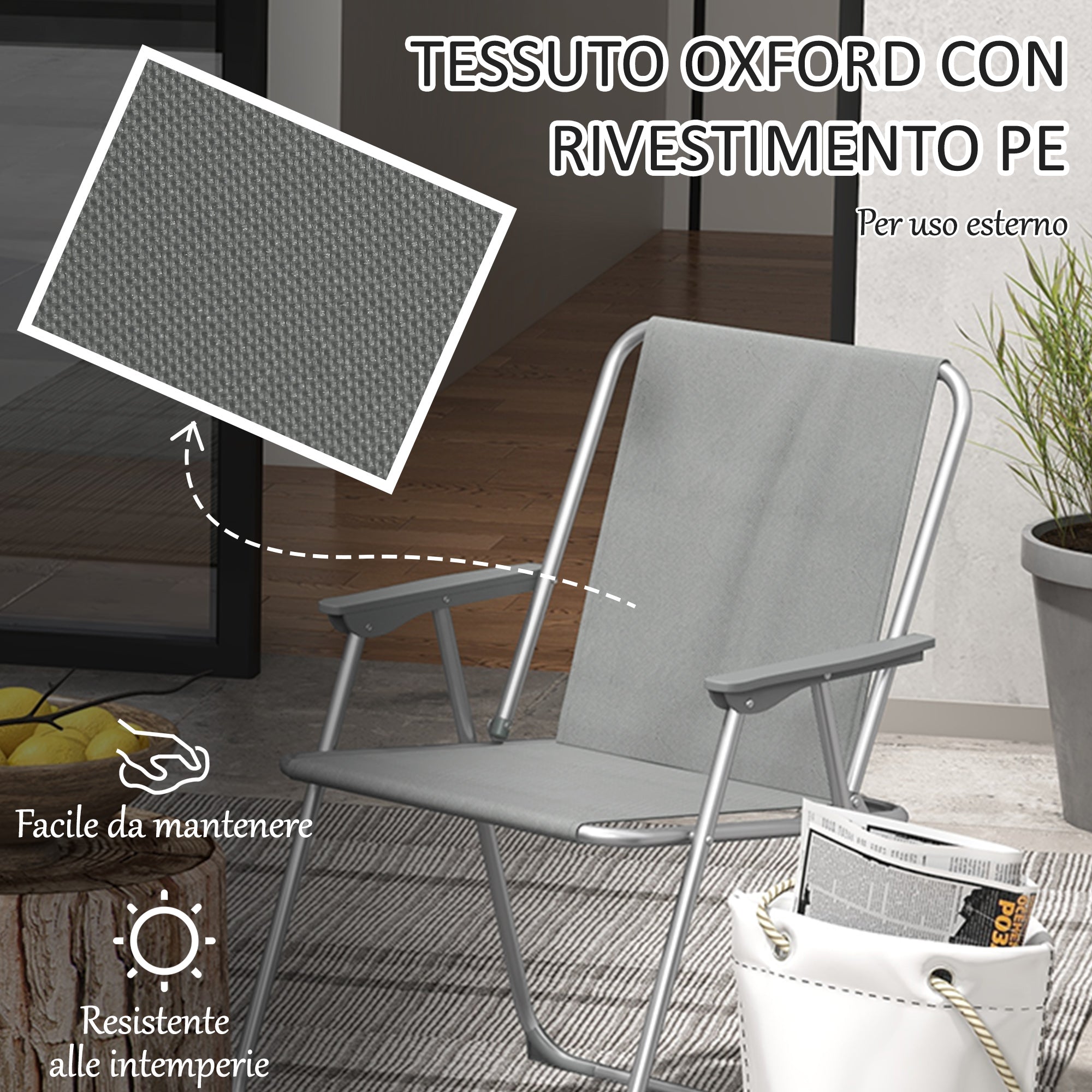 Set of 2 Folding Garden Chairs, Camping Chairs with Armrests and Breathable Fabric Seat, Grey