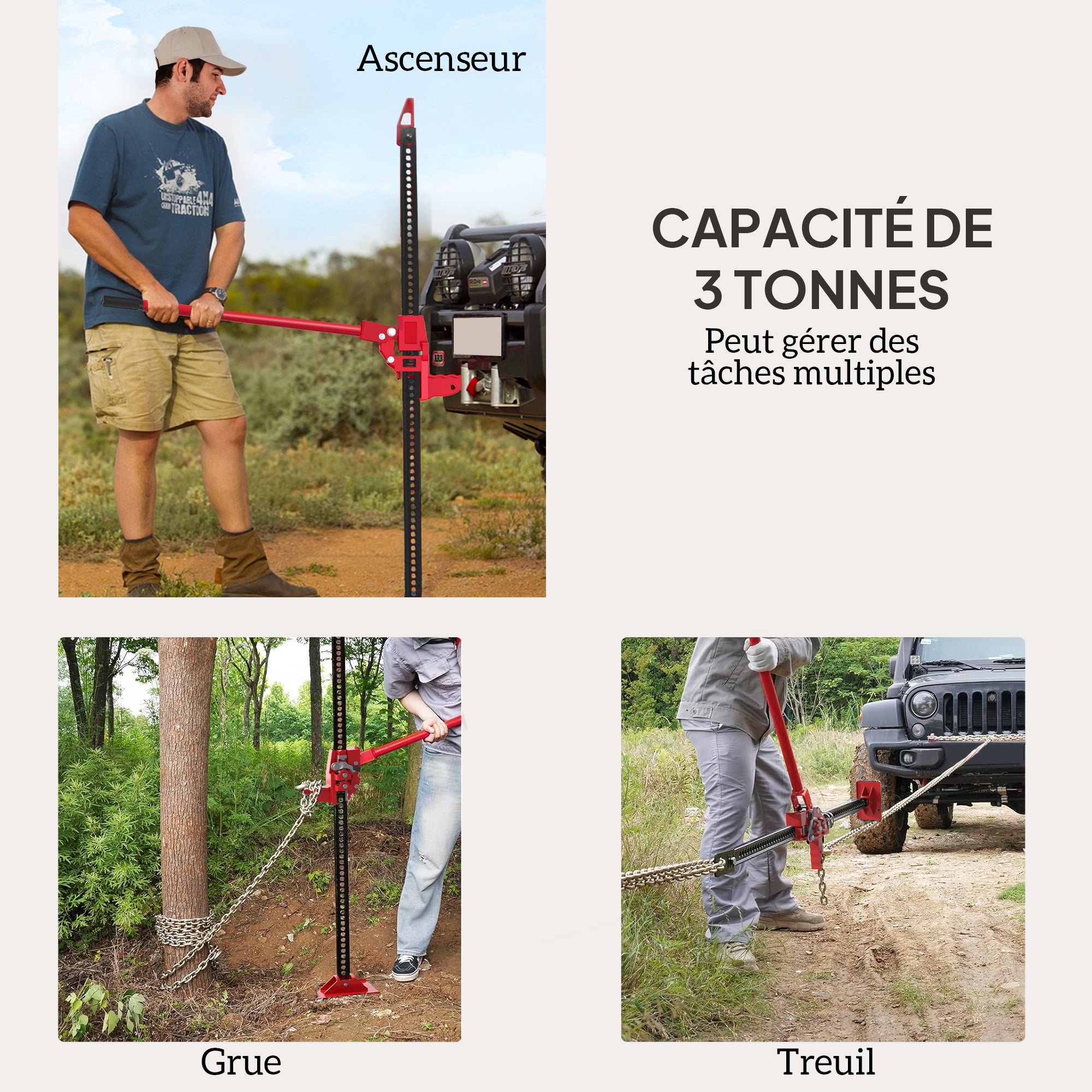 All-terrain farm jack for ATV 4x4, jack for vehicle with max load of 3000 kg, lifting height 11-135 cm, for car truck SUV, red