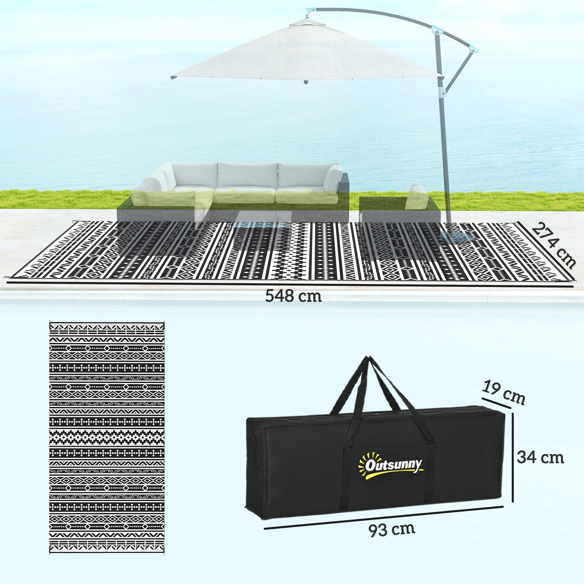 Outdoor Carpet Robust Weatherproof Outdoor Carpet, Foldable Carpet with Boho Style, Outdoor Carpet for Living Room Balcony Garden Terrace Bathroom Hallway Kitchen, 548 x 274 cm Black+White