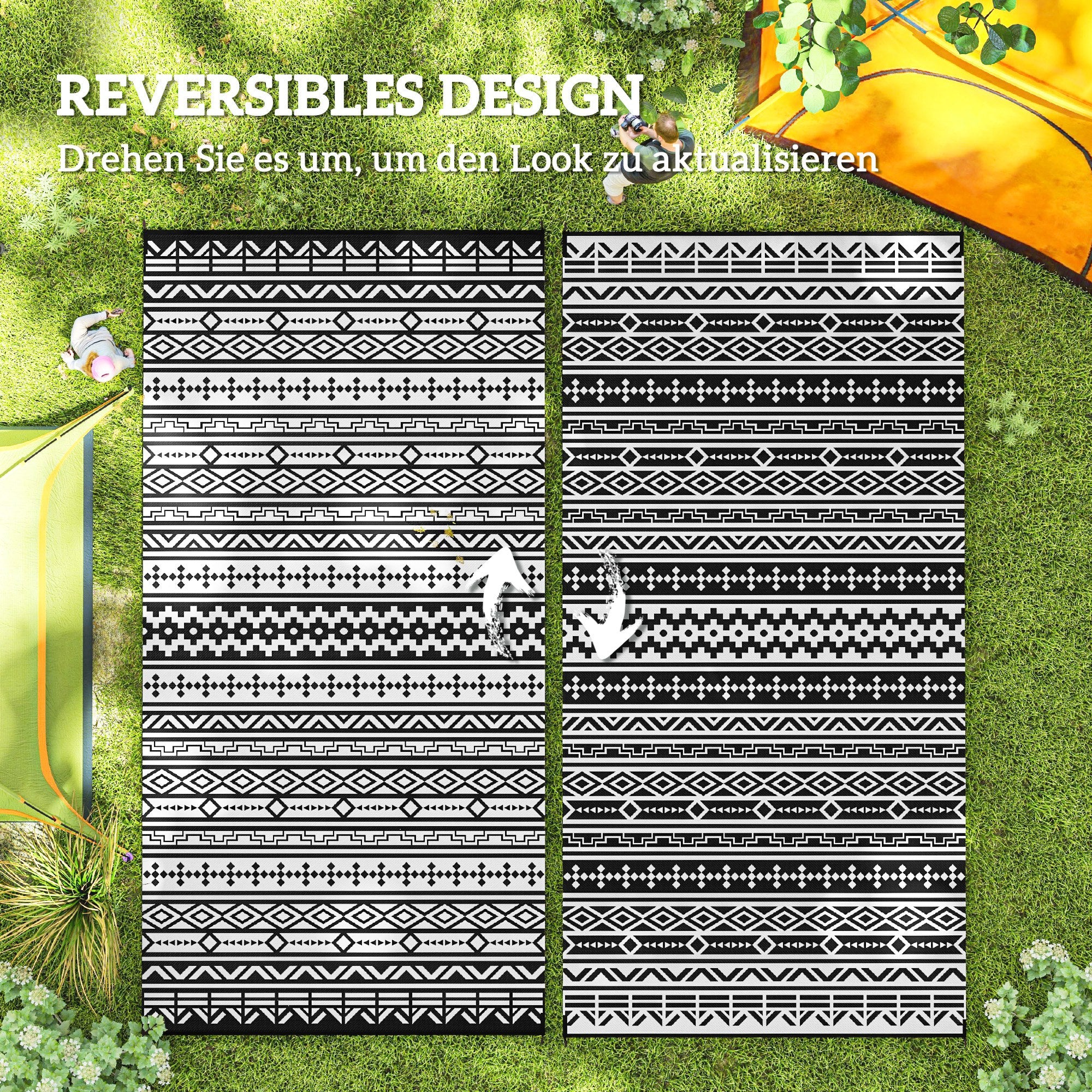 Outdoor Carpet Robust Weatherproof Outdoor Carpet, Foldable Carpet with Boho Style, Outdoor Carpet for Living Room Balcony Garden Terrace Bathroom Hallway Kitchen, 548 x 274 cm Black+White