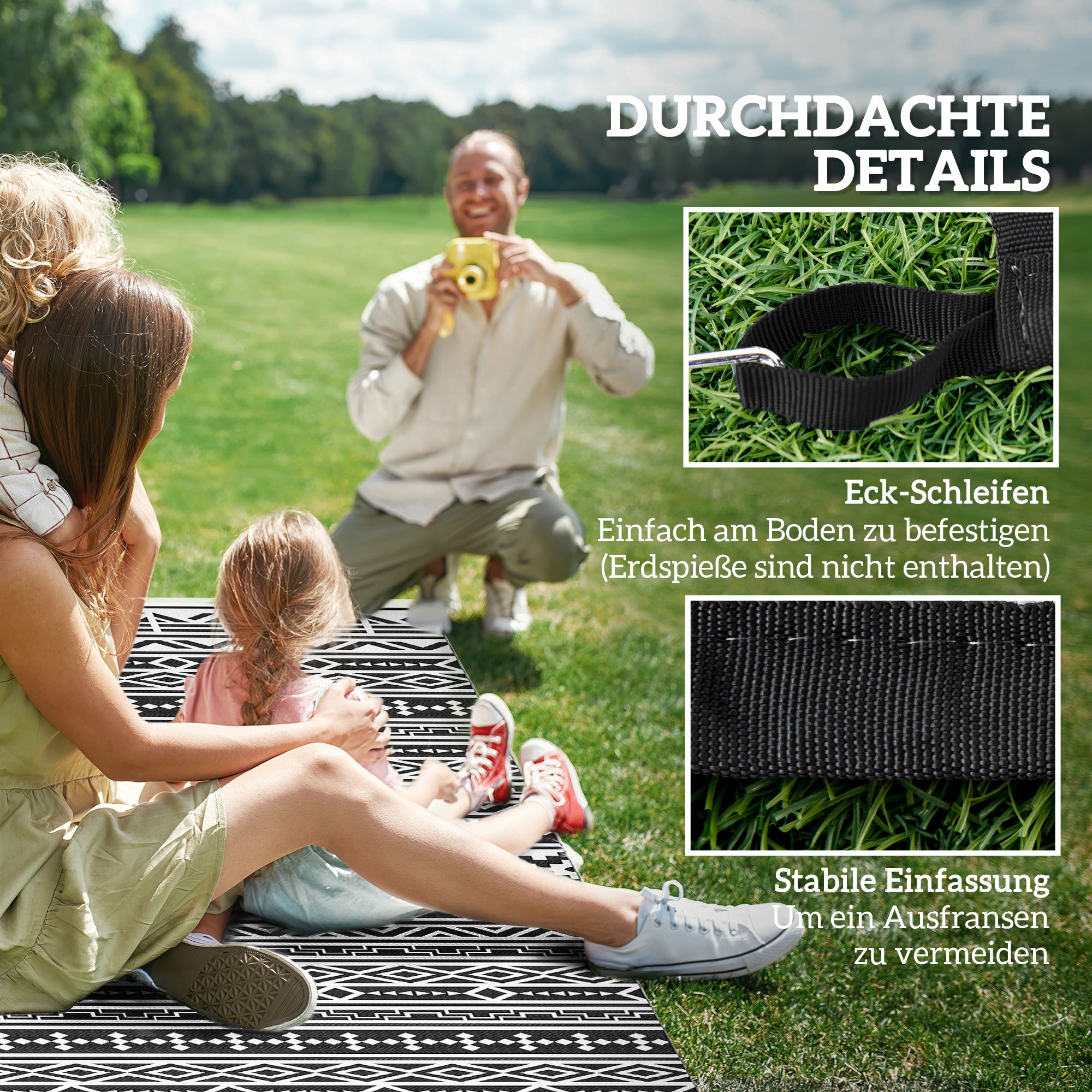 Outdoor Carpet Robust Weatherproof Outdoor Carpet, Foldable Carpet with Boho Style, Outdoor Carpet for Living Room Balcony Garden Terrace Bathroom Hallway Kitchen, 548 x 274 cm Black+White