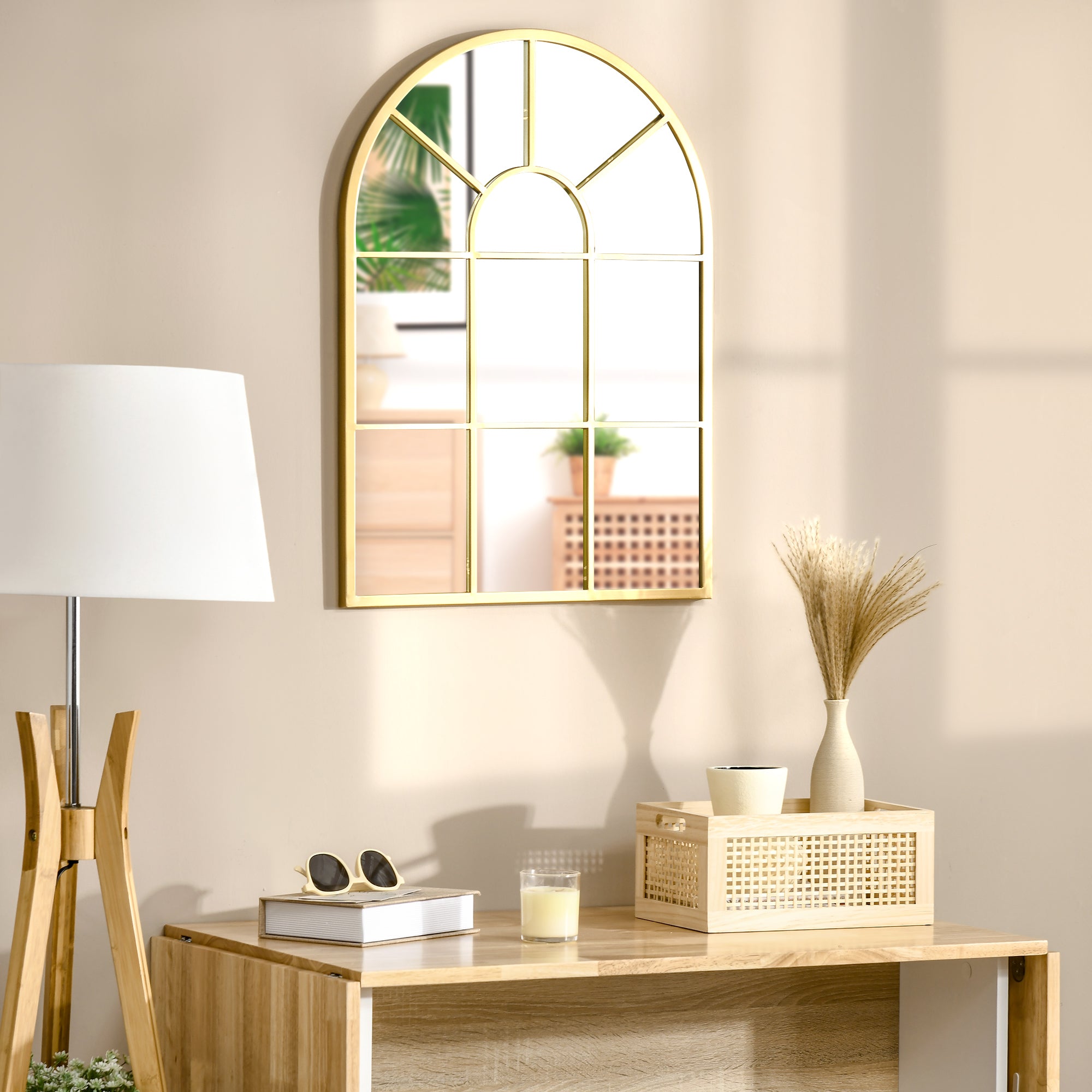 Wall Mirror 70 x 50 cm Window Mirror with Metal Frame Decorative Hanging Mirror for Bedroom Living Room, Gold