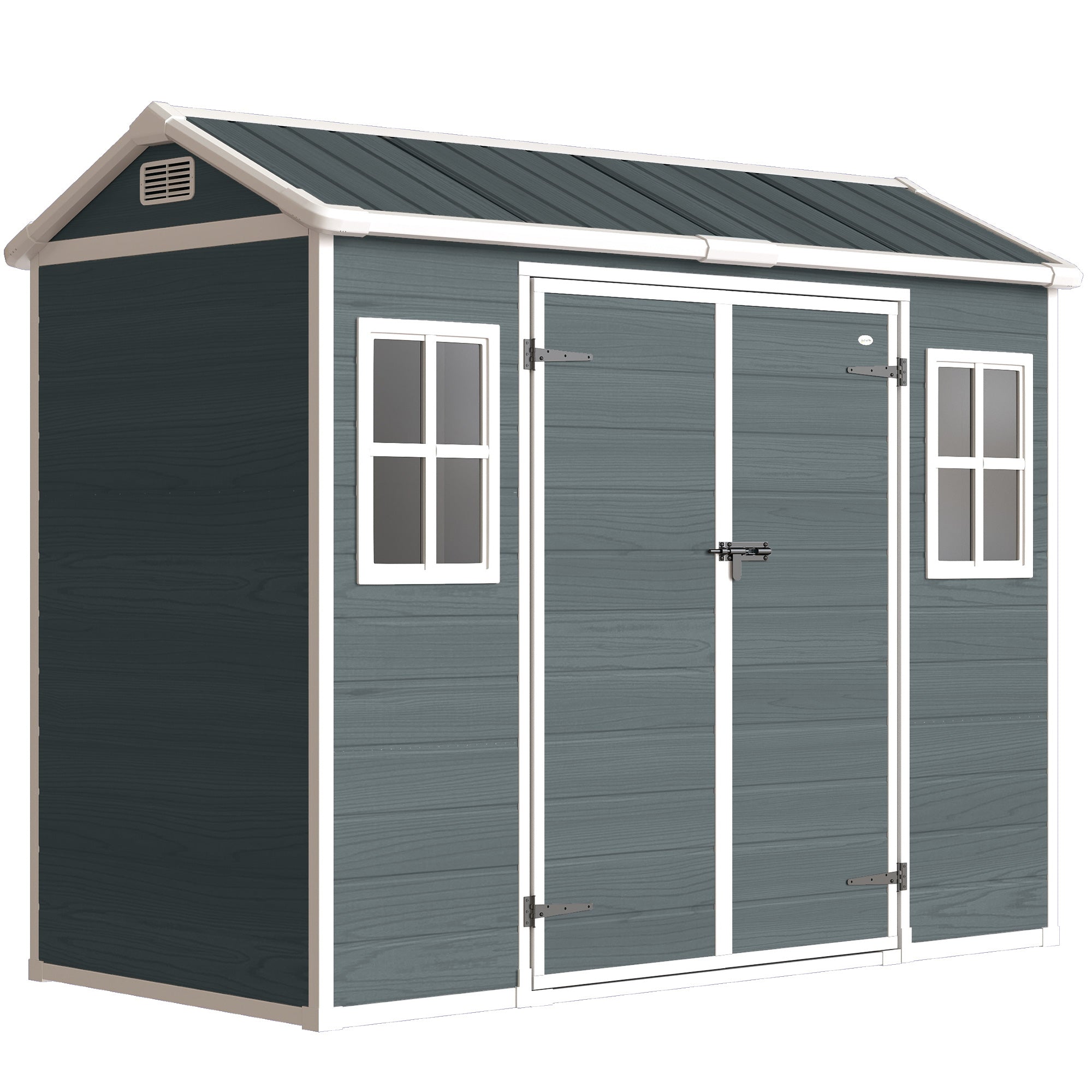 30 sq ft Wood-Effect Plastic Garden Shed — 244 × 131 × 201 cm (8'0" × 4'4" × 6'7") • Gable Roof, Double Doors, Windows, Ventilation, Floor, Lock & Gloves