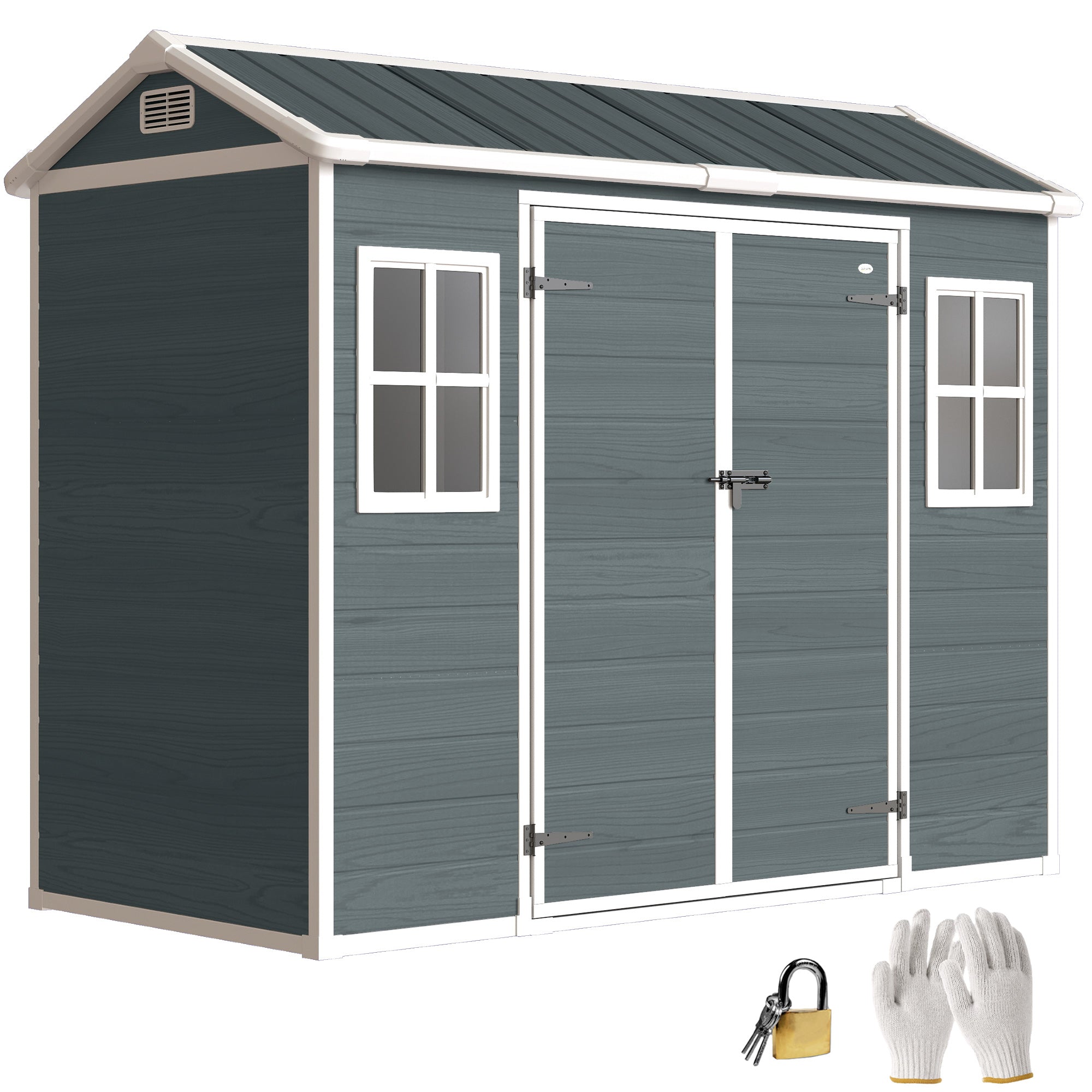 30 sq ft Wood-Effect Plastic Garden Shed — 244 × 131 × 201 cm (8'0" × 4'4" × 6'7") • Gable Roof, Double Doors, Windows, Ventilation, Floor, Lock & Gloves