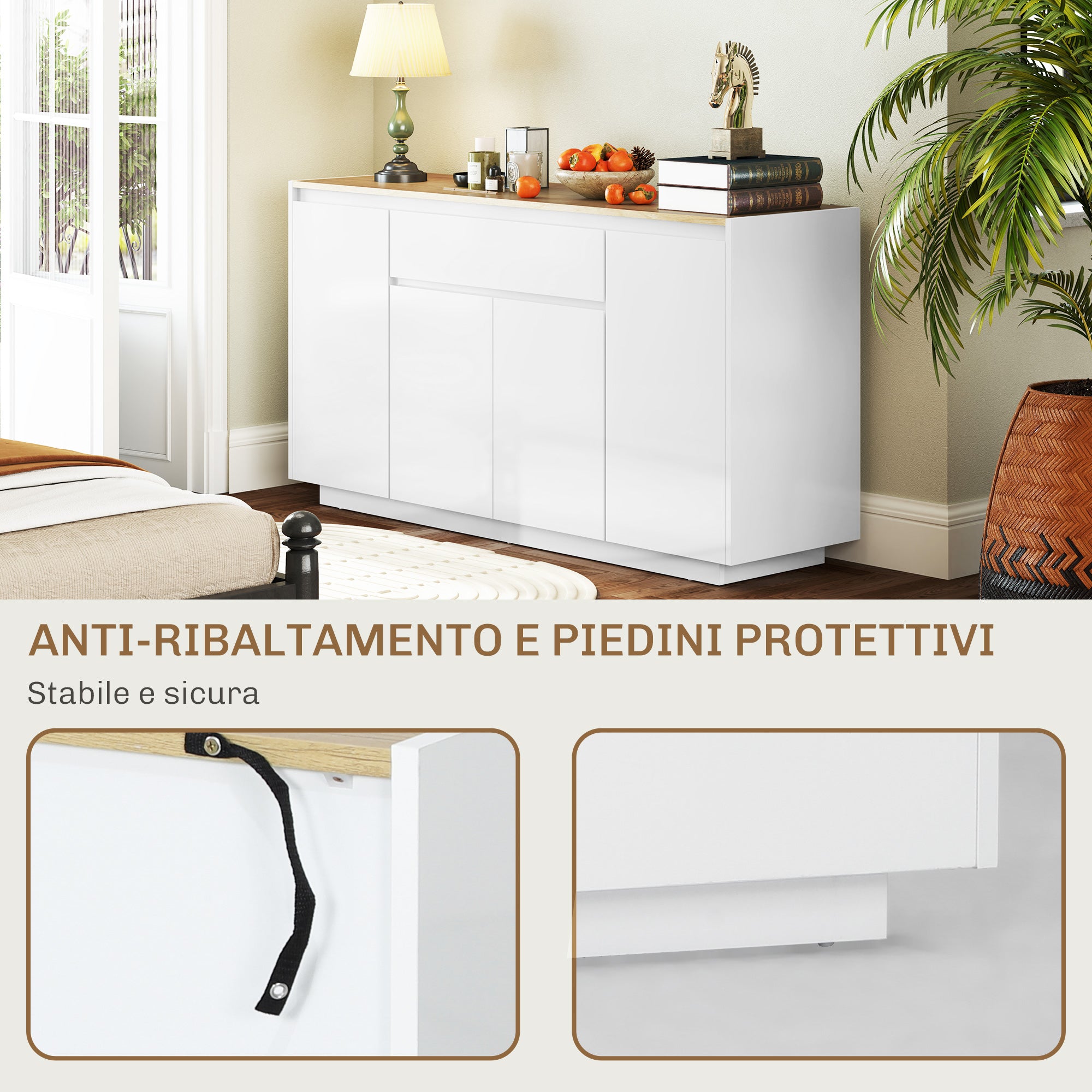 Kitchen Sideboard with 3 Cabinets and 4 Doors, Modern Kitchen Cabinet with Drawer, Adjustable Shelf, and Soft-Close Doors, Wood MDF Cabinet for Living Room, Dining Room, 140x40x75 cm, White