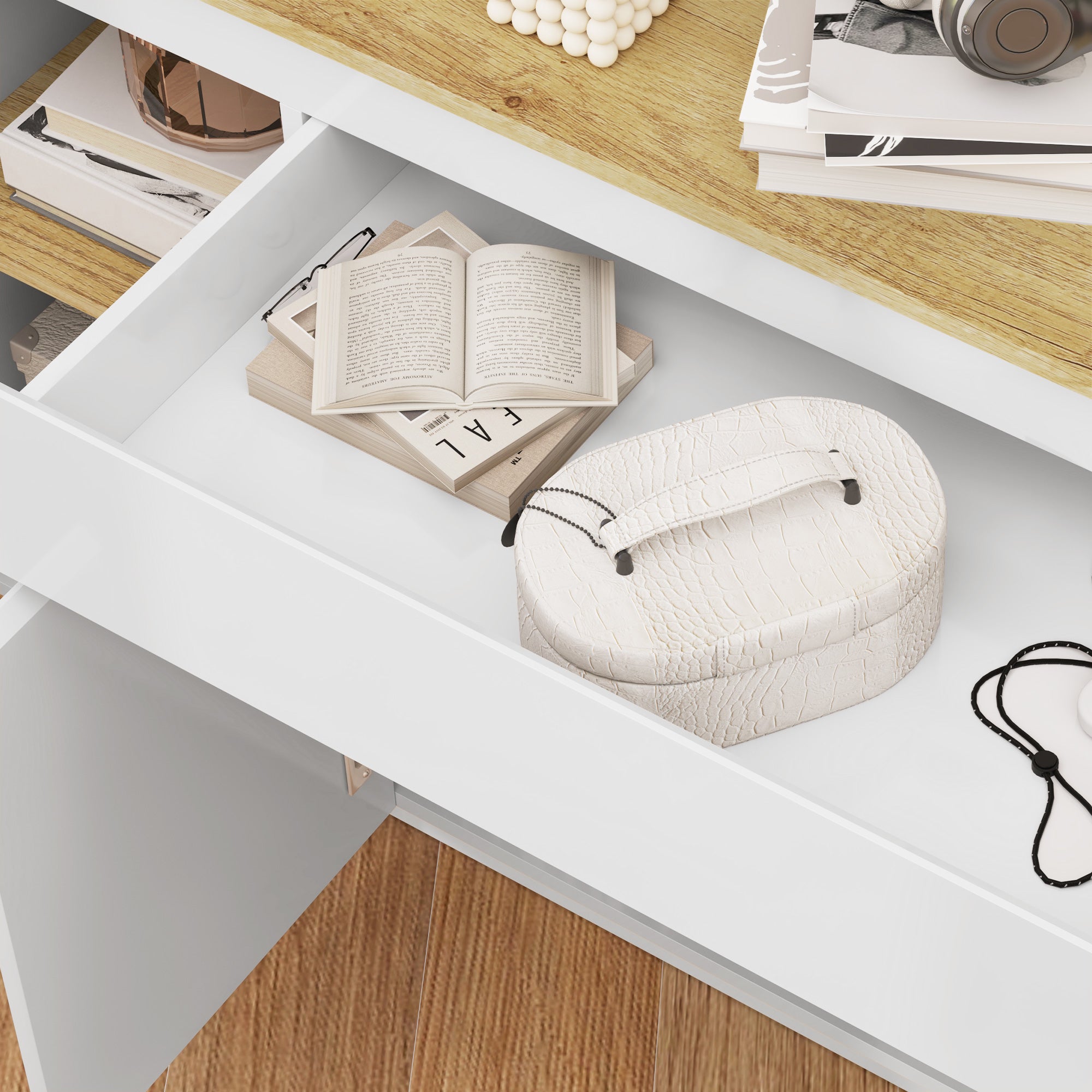 Kitchen Sideboard with 3 Cabinets and 4 Doors, Modern Kitchen Cabinet with Drawer, Adjustable Shelf, and Soft-Close Doors, Wood MDF Cabinet for Living Room, Dining Room, 140x40x75 cm, White