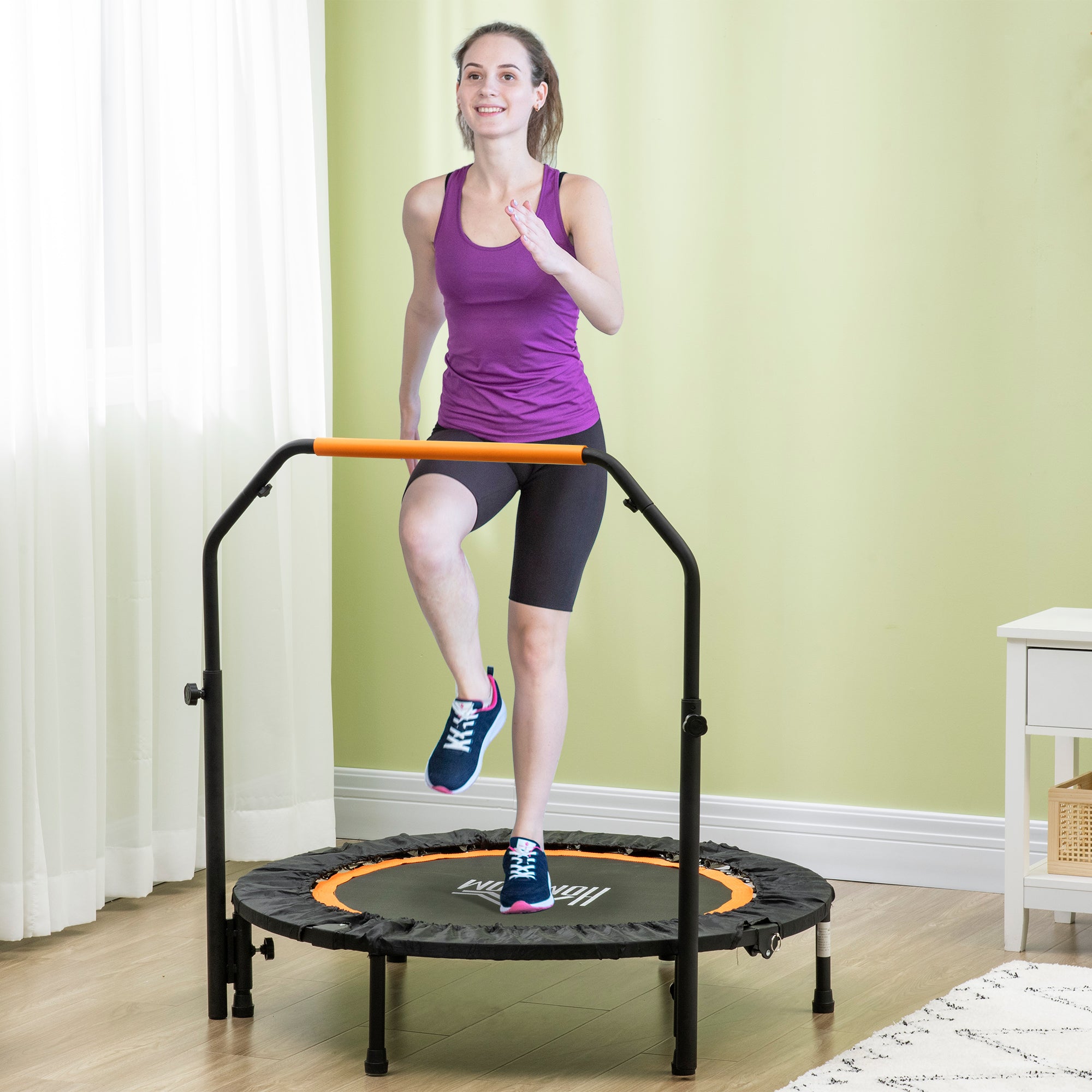 102 cm Fitness Trampoline, Foldable Mini Trampoline with Four-Height Adjustable Handlebar, Fitness Rebounder for Adults, up to 100 kg, Black+Orange