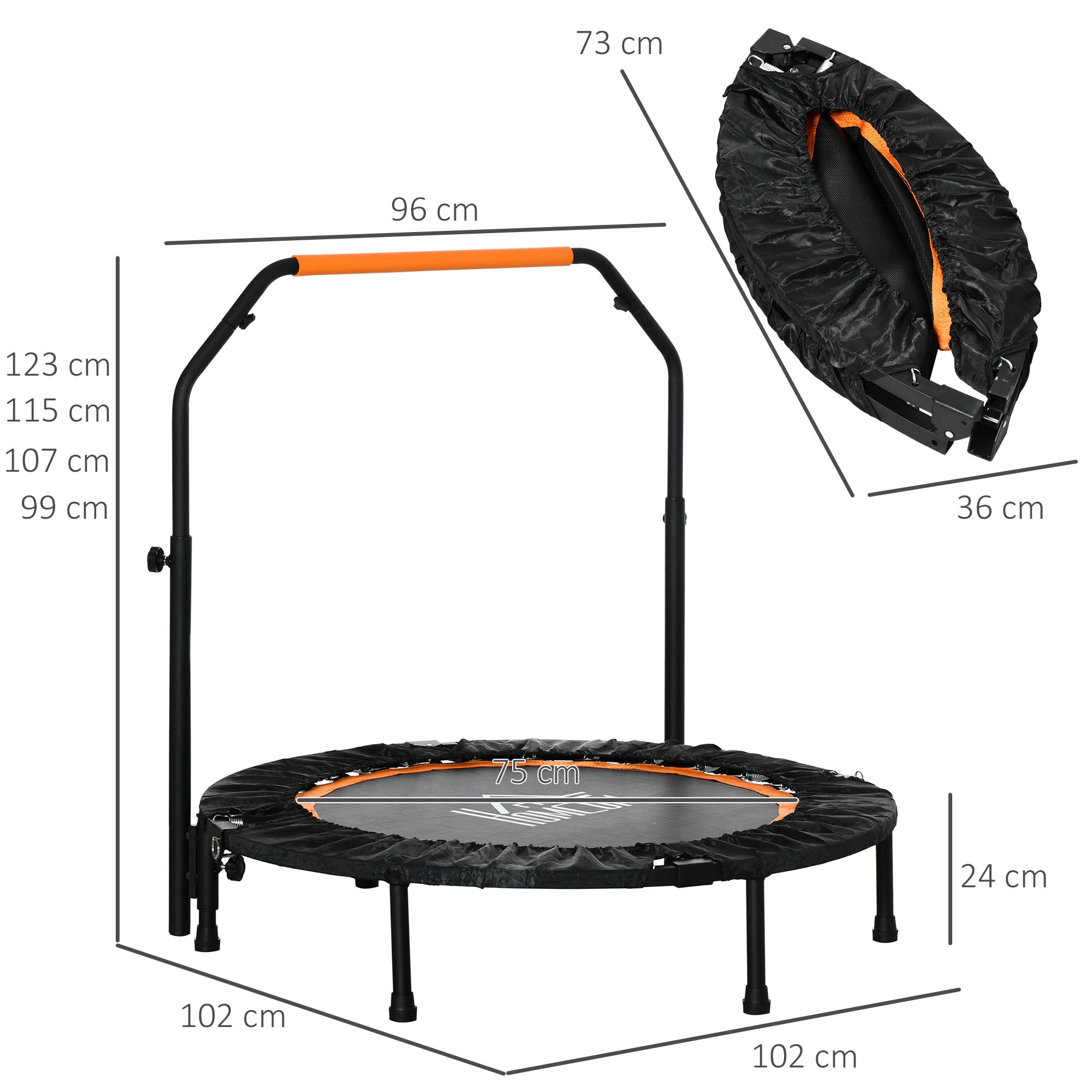 102 cm Fitness Trampoline, Foldable Mini Trampoline with Four-Height Adjustable Handlebar, Fitness Rebounder for Adults, up to 100 kg, Black+Orange