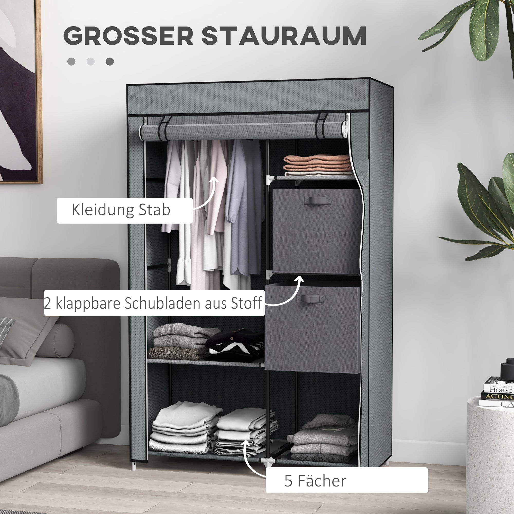 Fabric Wardrobe with Drawers, Clothes Rail, and Zipper, Fabric Wardrobe Foldable Wardrobe for Bedroom, Dressing Room, 102 x 42.5 x 162.5 cm, Dark Gray