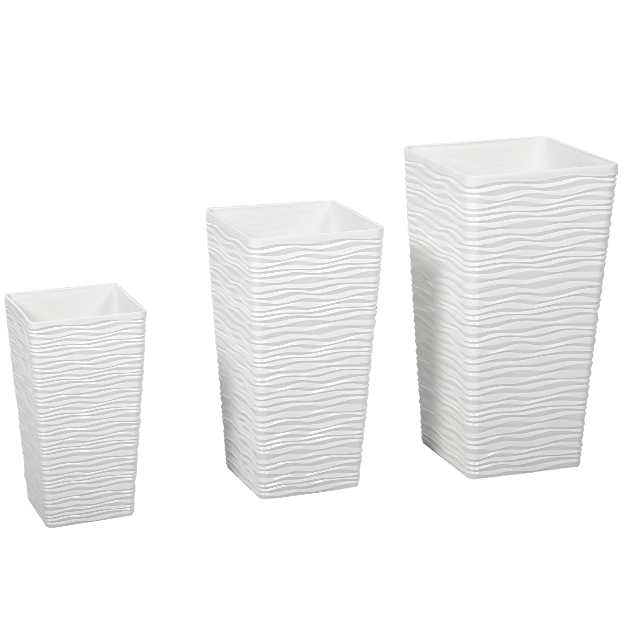 Set of 3 Stackable Square Outdoor Planters with Wavy Pattern, Drainage Holes, 42/55/65 cm (16.5/21.7/25.6 in) — White, Black, Brown
