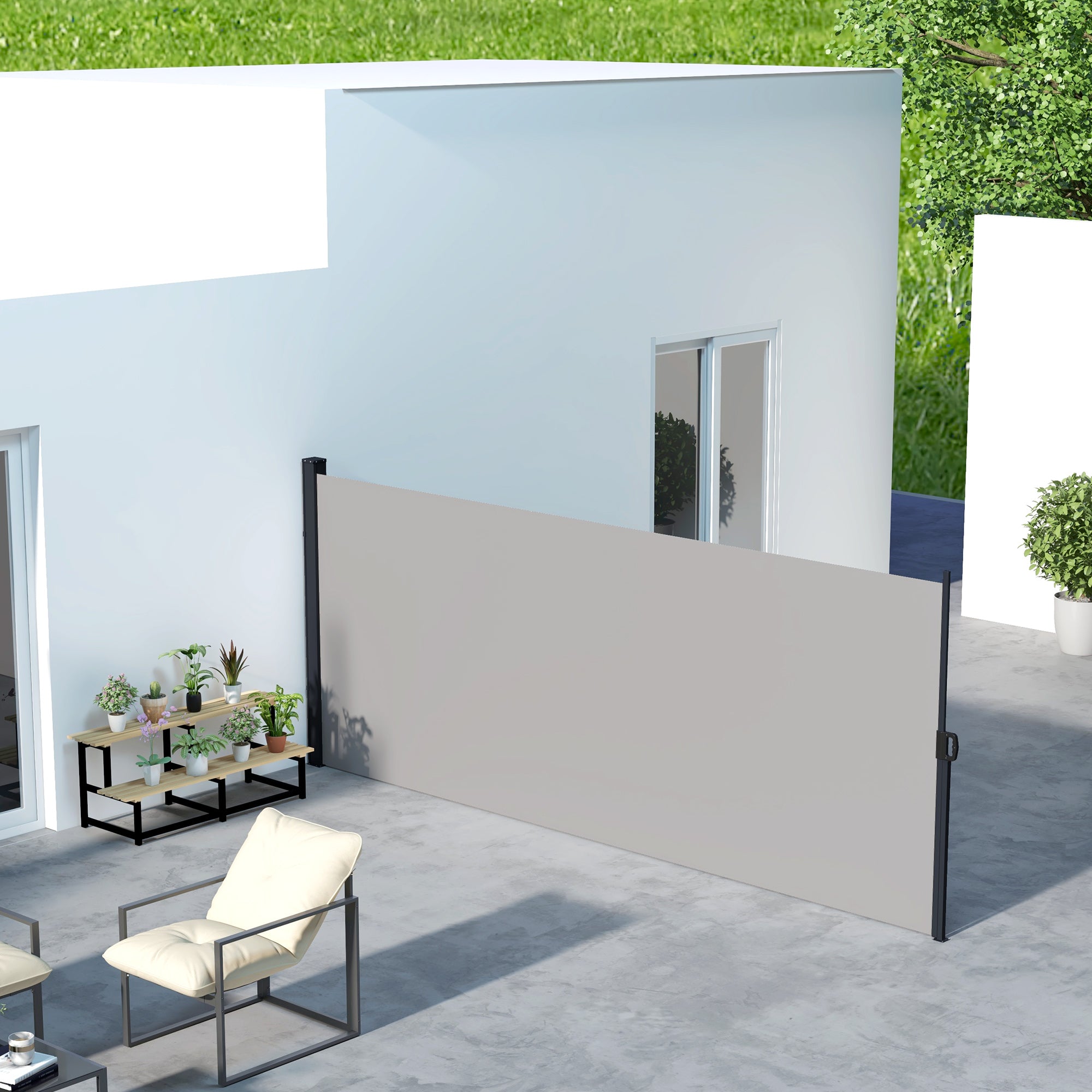 Retractable Garden Side Awning Wind Breaker Screen 4x1.8m Aluminum Polyester Anti-UV High Density 180gsm Light Grey