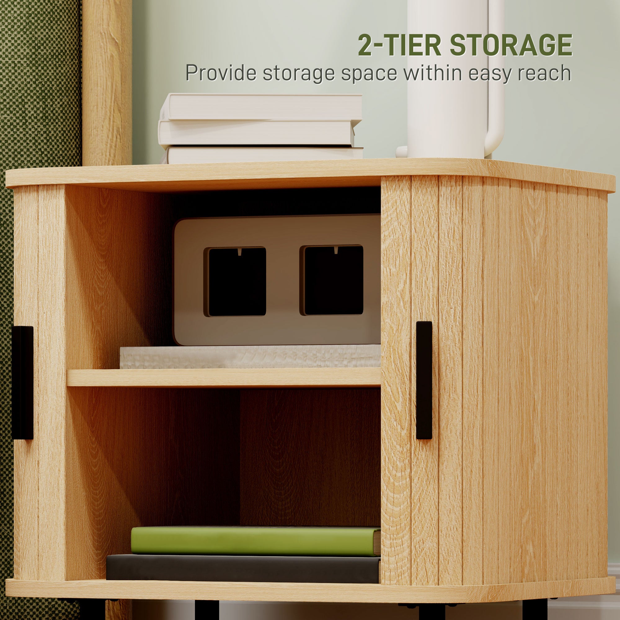 Modern Nightstand with Slatted Sliding Doors, Steel Legs — Oak