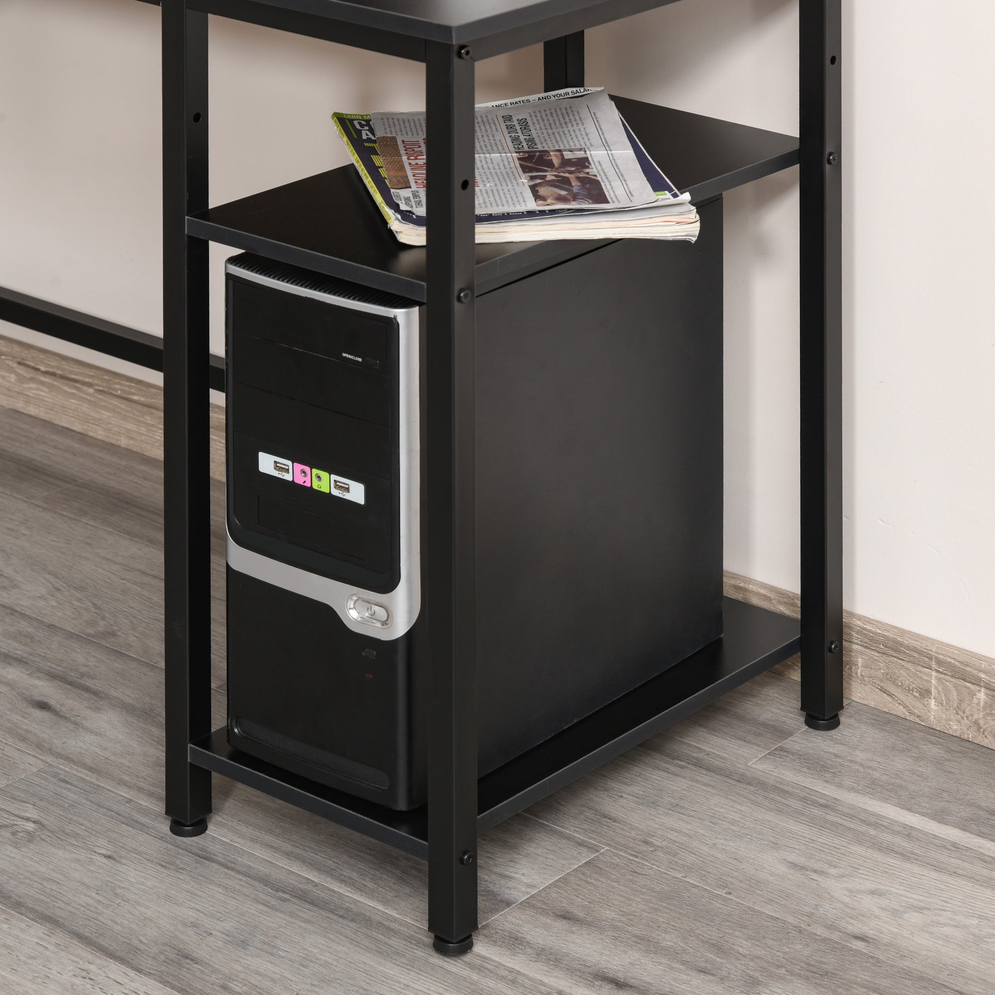 Industrial Style Corner Desk with Side Shelf, Wood and Black Metal, 150x120x75cm