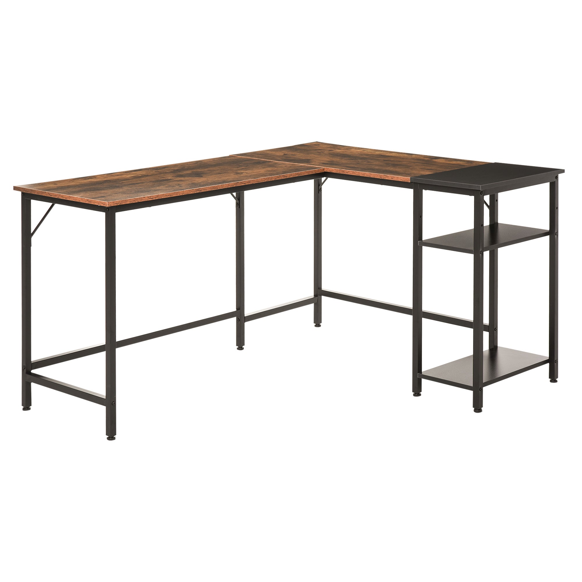 Industrial Style Corner Desk with Side Shelf, Wood and Black Metal, 150x120x75cm