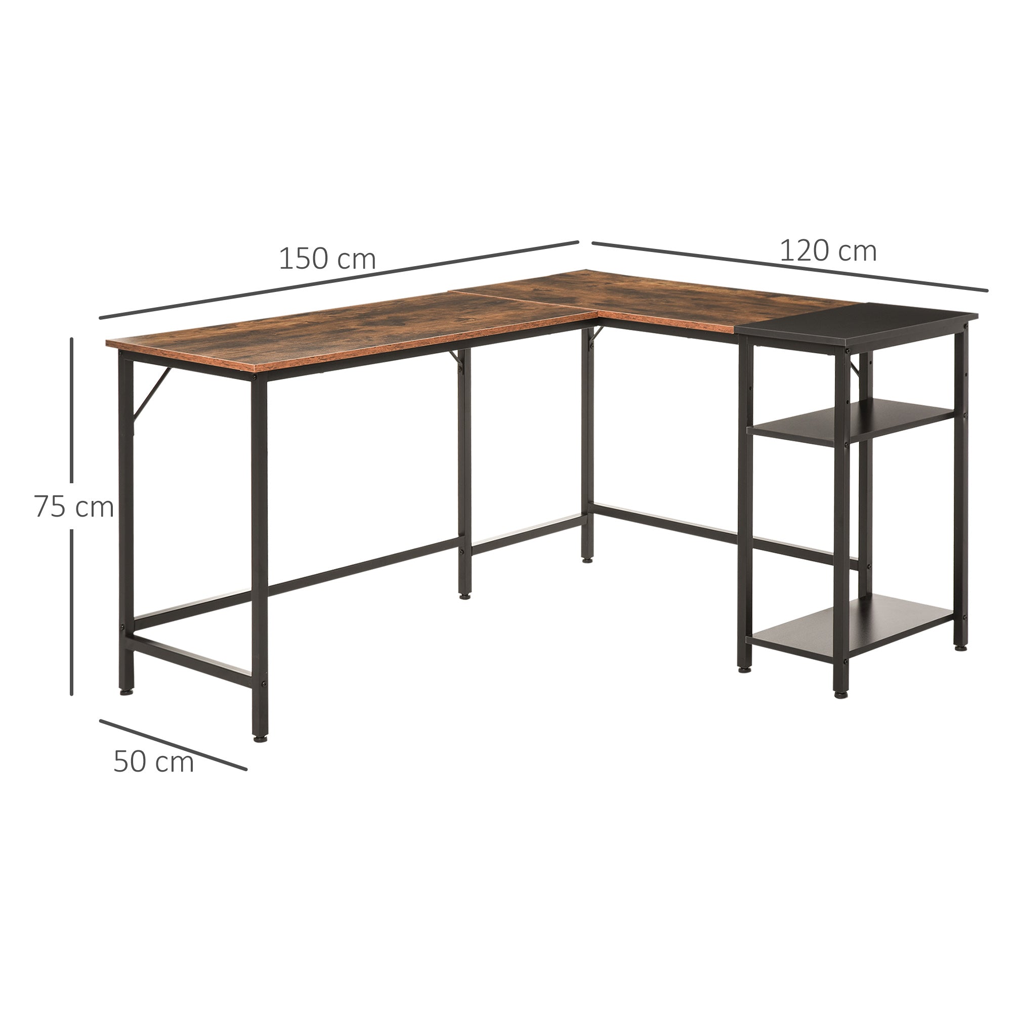 Industrial Style Corner Desk with Side Shelf, Wood and Black Metal, 150x120x75cm