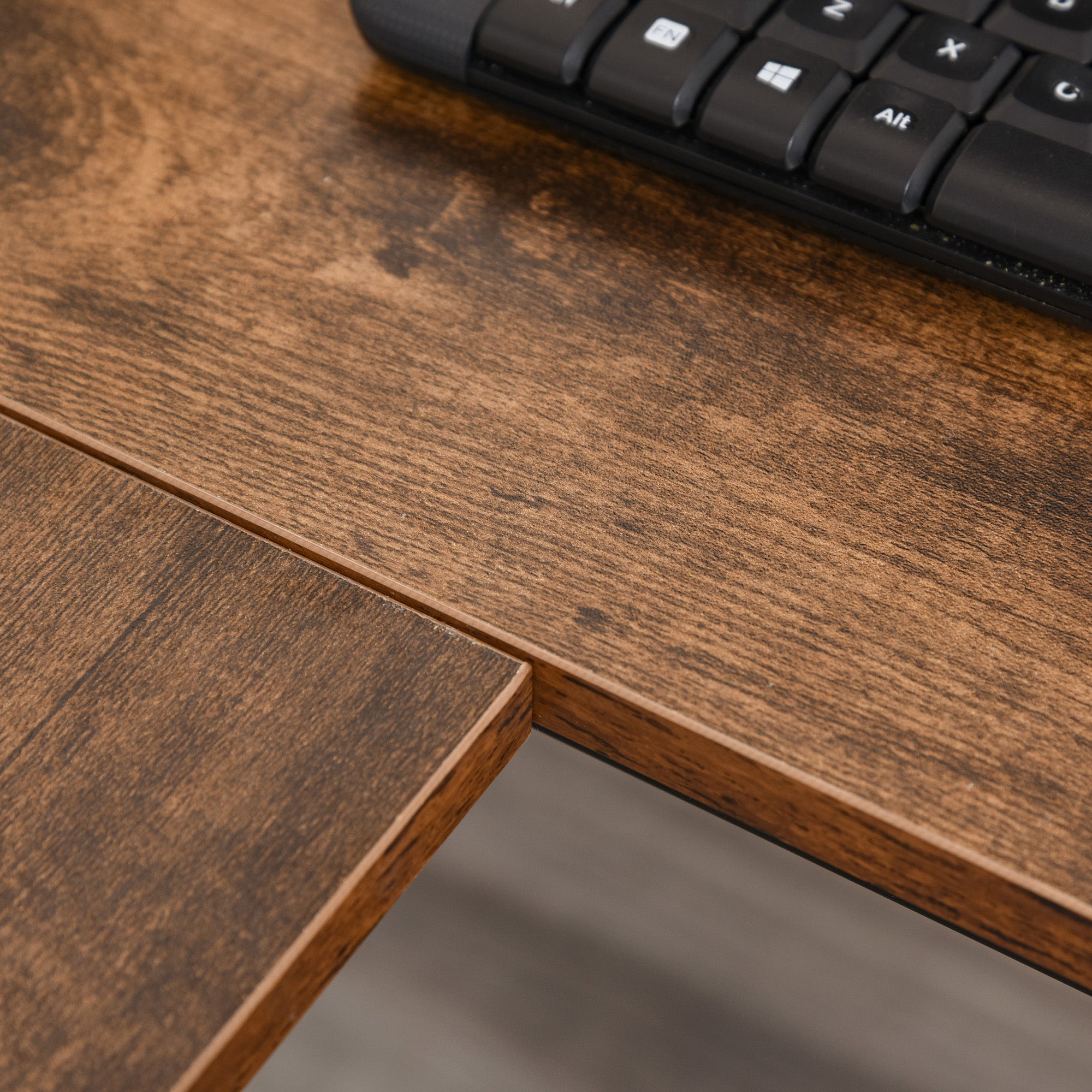 Industrial Style Corner Desk with Side Shelf, Wood and Black Metal, 150x120x75cm