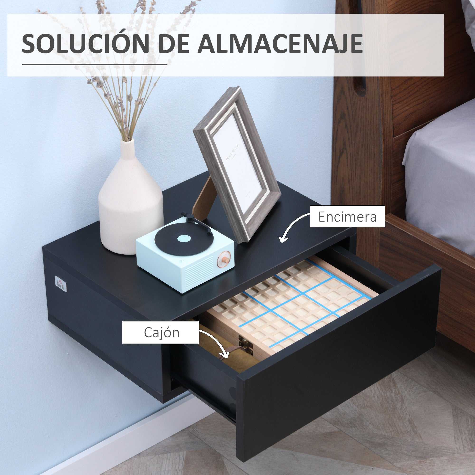 Set of 2 Floating Bedside Tables with 1 Drawer Wall Mounted Design Modern Style for Bedroom 40x30x15 cm Black