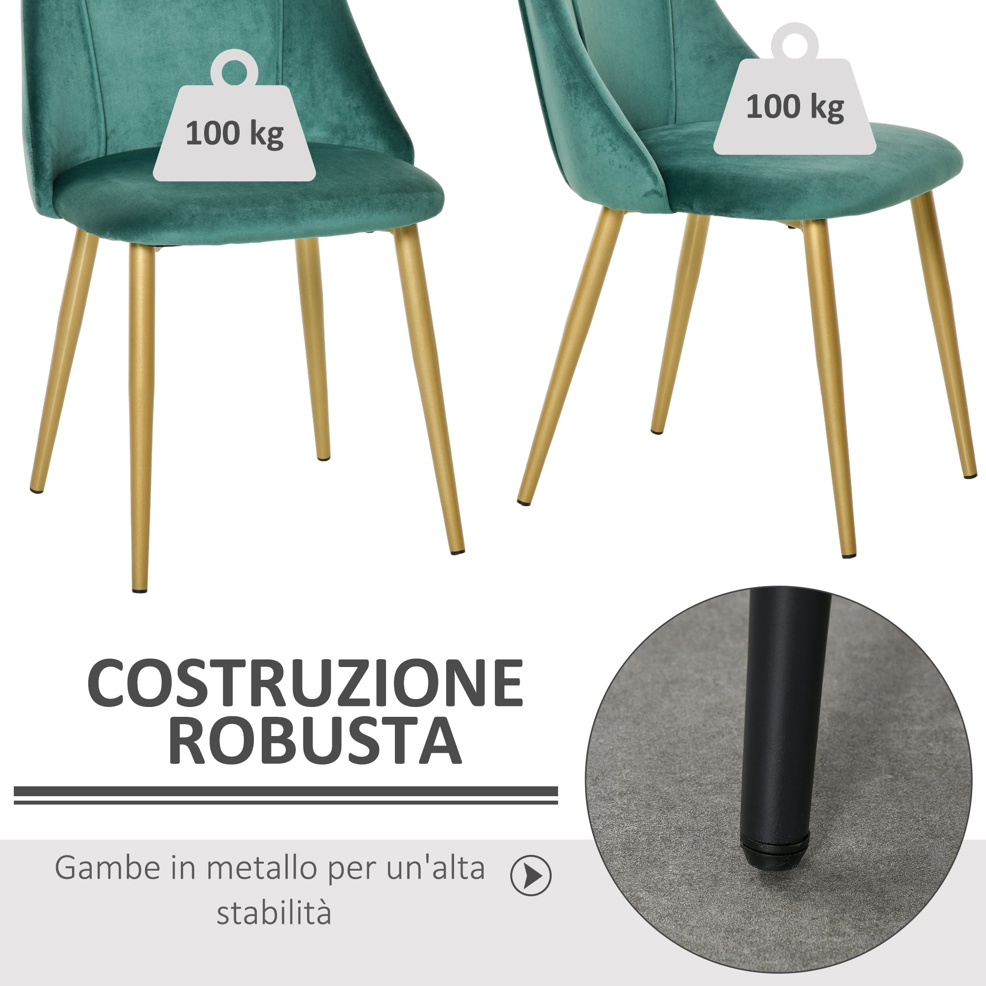 Set of 2 Modern Upholstered Dining Chairs with Backrest, Iron Legs for Kitchen, Living Room or Lounge in Modern Style, Green, 50x56.5x85cm