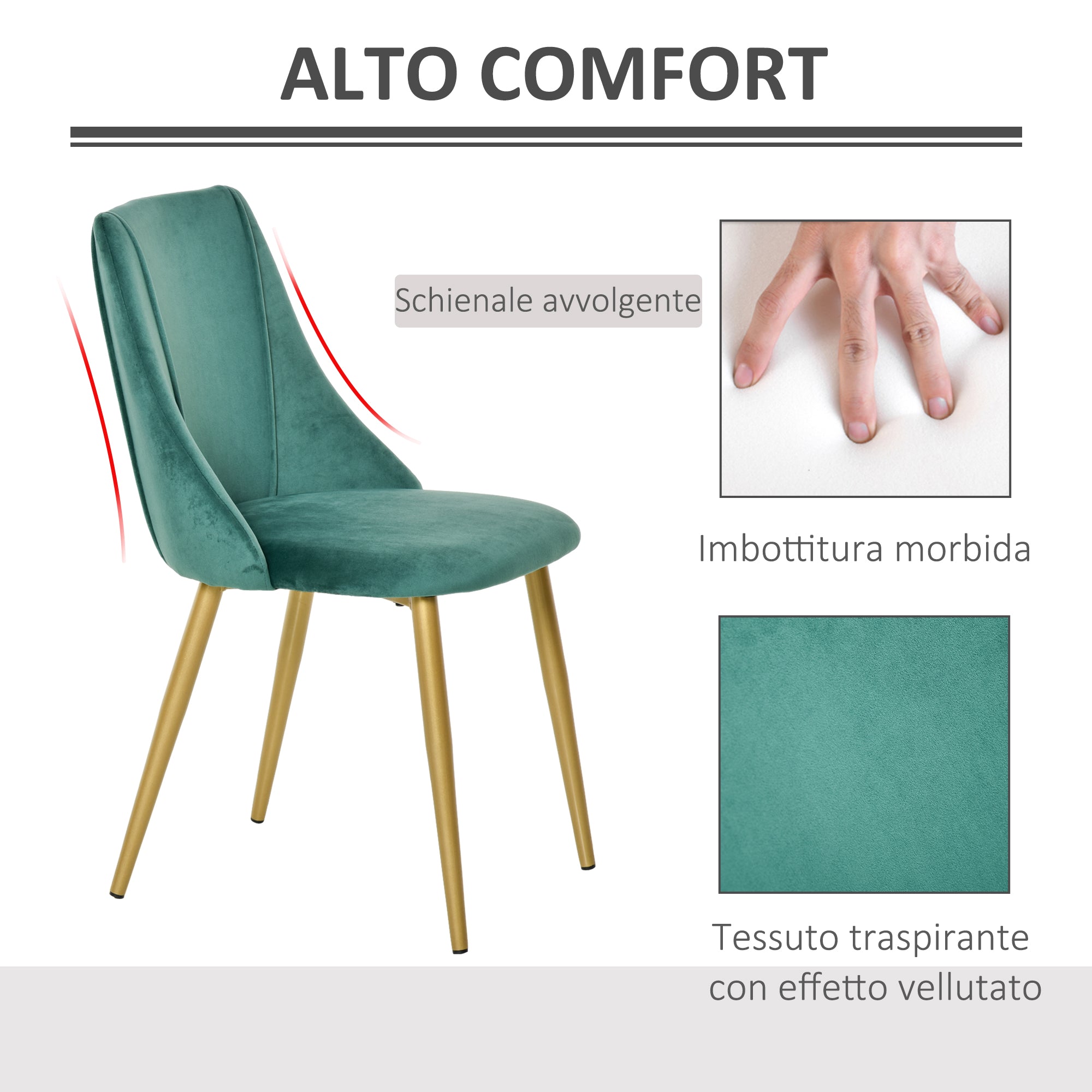 Set of 2 Modern Upholstered Dining Chairs with Backrest, Iron Legs for Kitchen, Living Room or Lounge in Modern Style, Green, 50x56.5x85cm