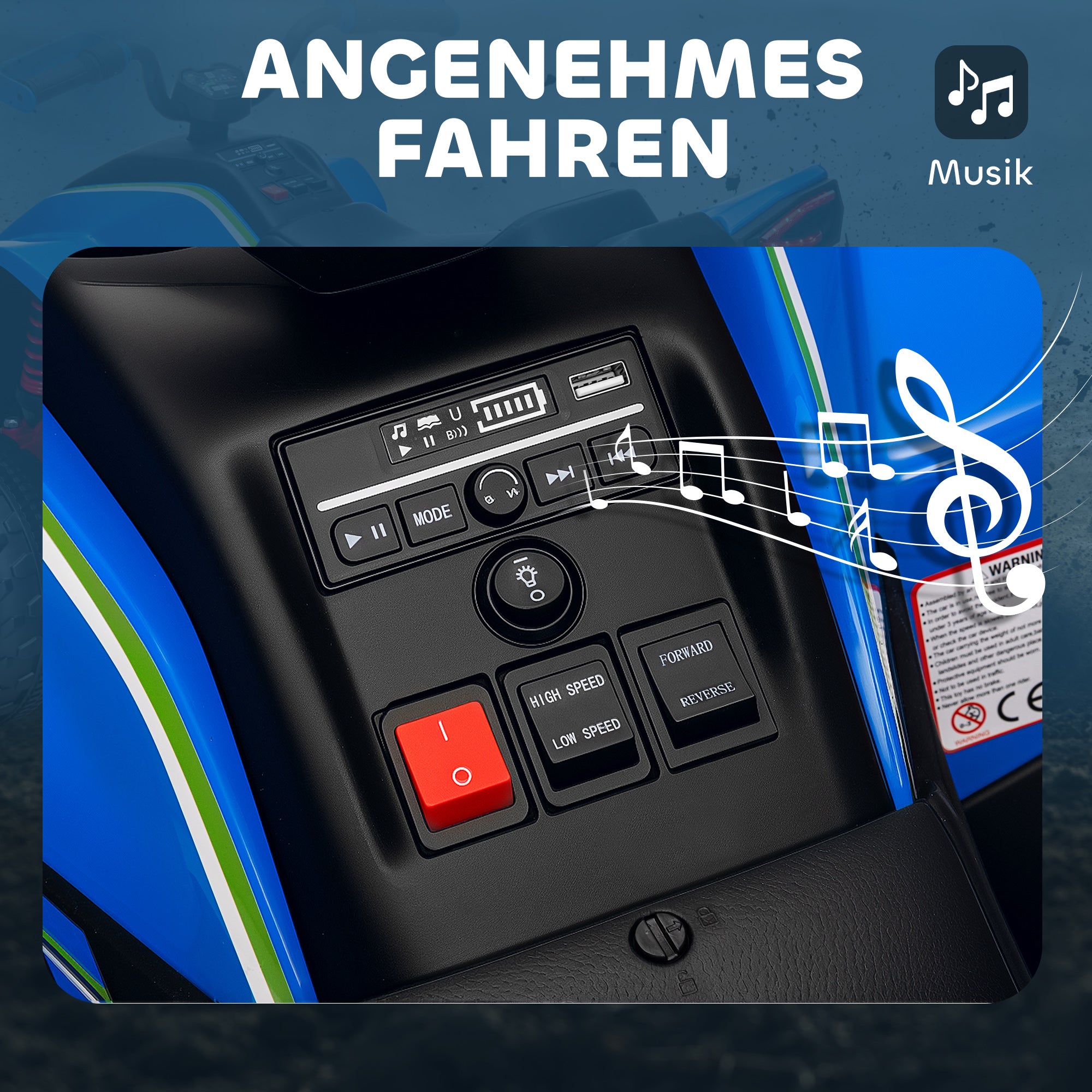 Electric Quad for Kids 12V Electric Children's Quad with 2 Motors, 3-6km/h Children's Quad with Suspension, LED Light, Kids Car with USB, Music for 3-8 Years, Blue