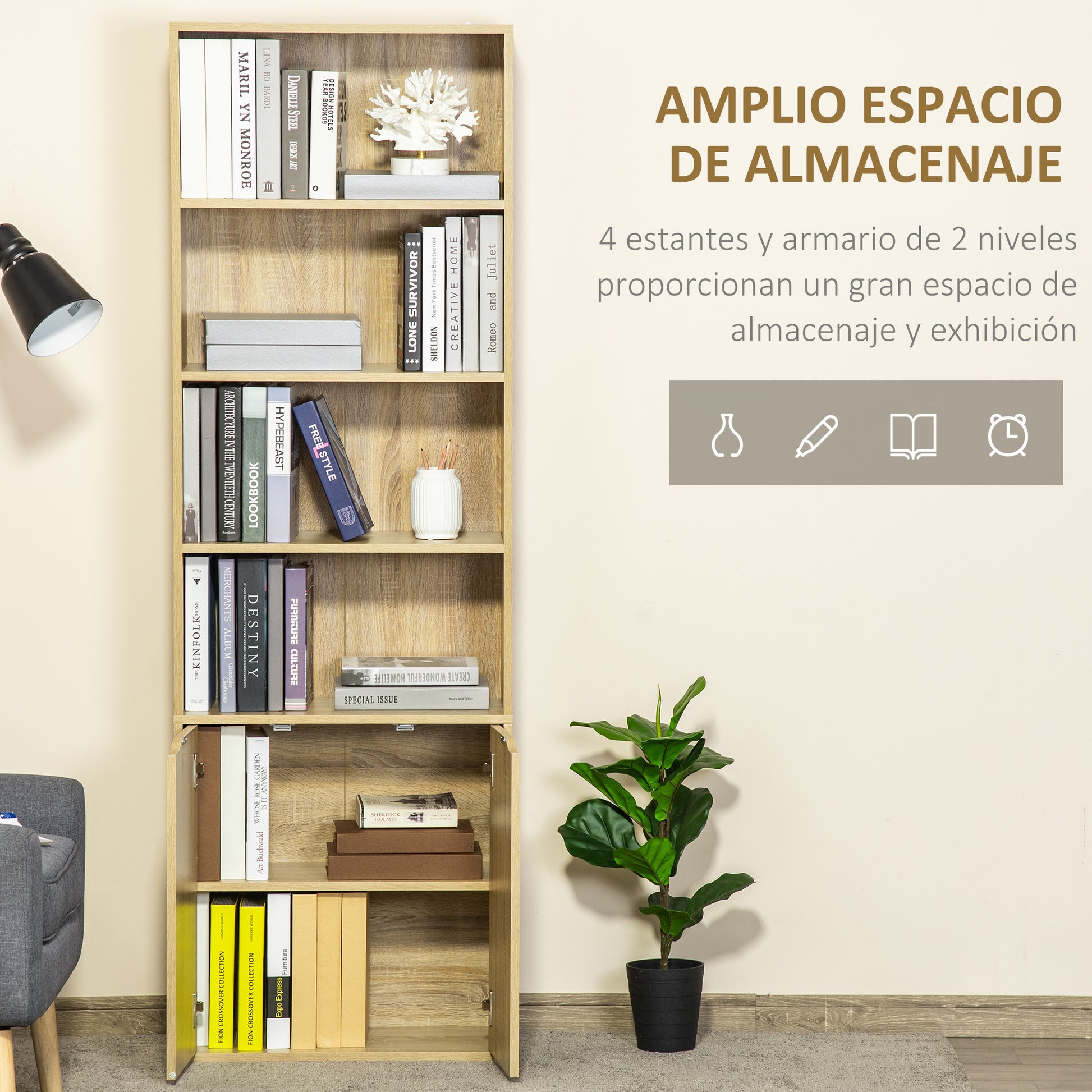 Bookshelf with 4 Open Compartments and 2 Doors for Living Room Study Office Load 80 kg 59x29x180 cm Natural