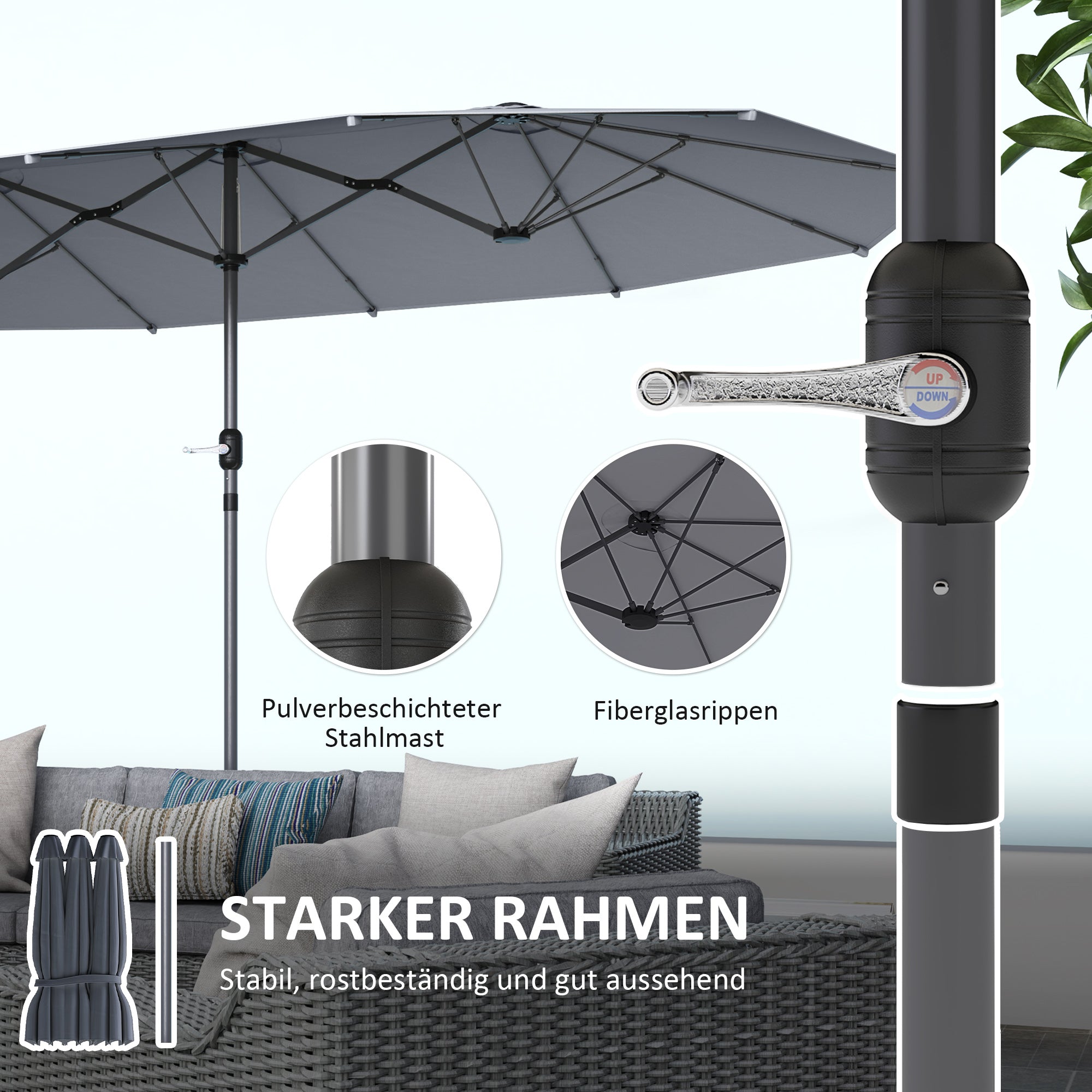 Double-Sided Sunshade 436 x 260 cm, UV Protection Steel Sunshade with Hand Crank, Oval Balcony Sunshade Beach Sunshade Windproof Stable Market Sunshade Crank Sunshade for Beach Balcony Garden, Dark Grey