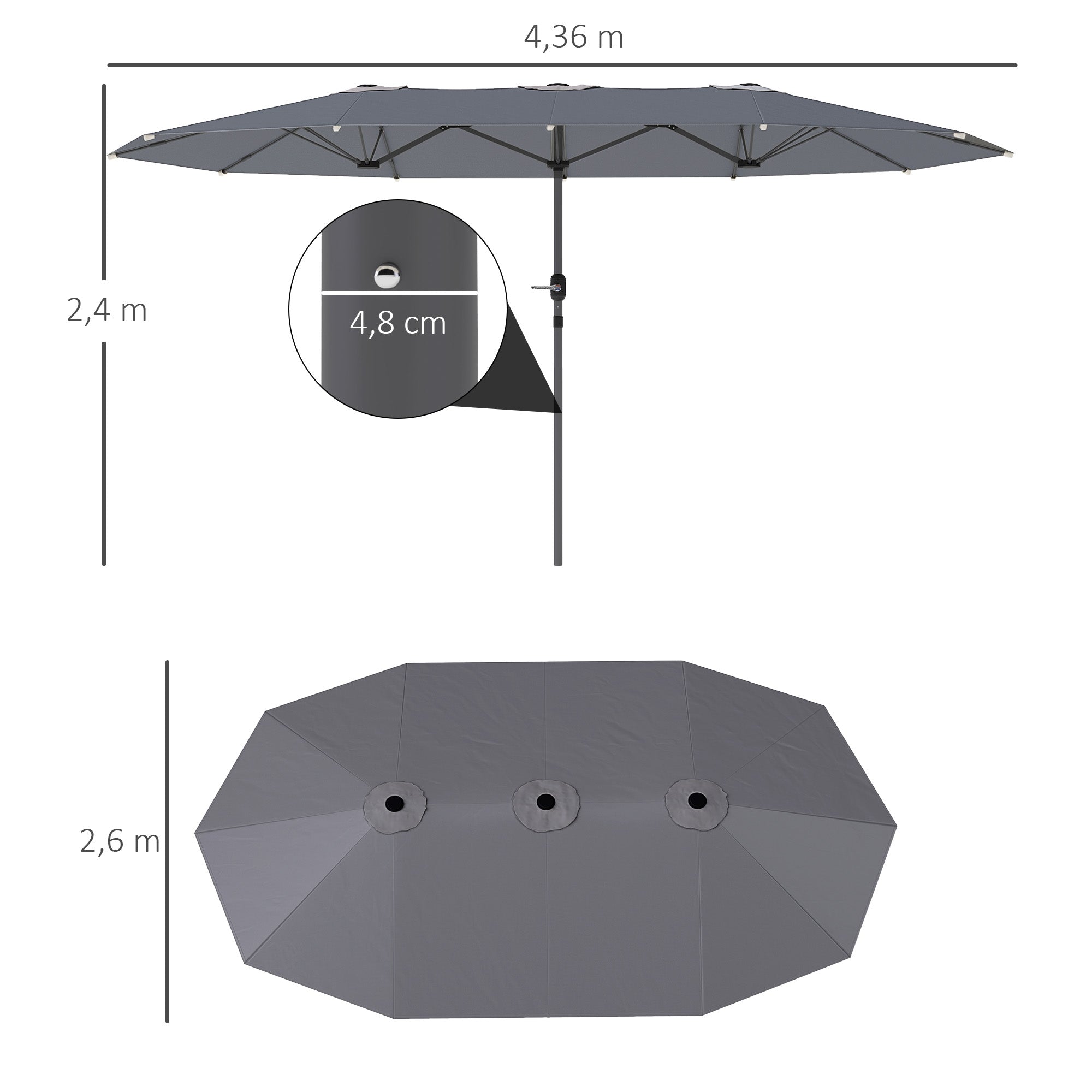 Double-Sided Sunshade 436 x 260 cm, UV Protection Steel Sunshade with Hand Crank, Oval Balcony Sunshade Beach Sunshade Windproof Stable Market Sunshade Crank Sunshade for Beach Balcony Garden, Dark Grey