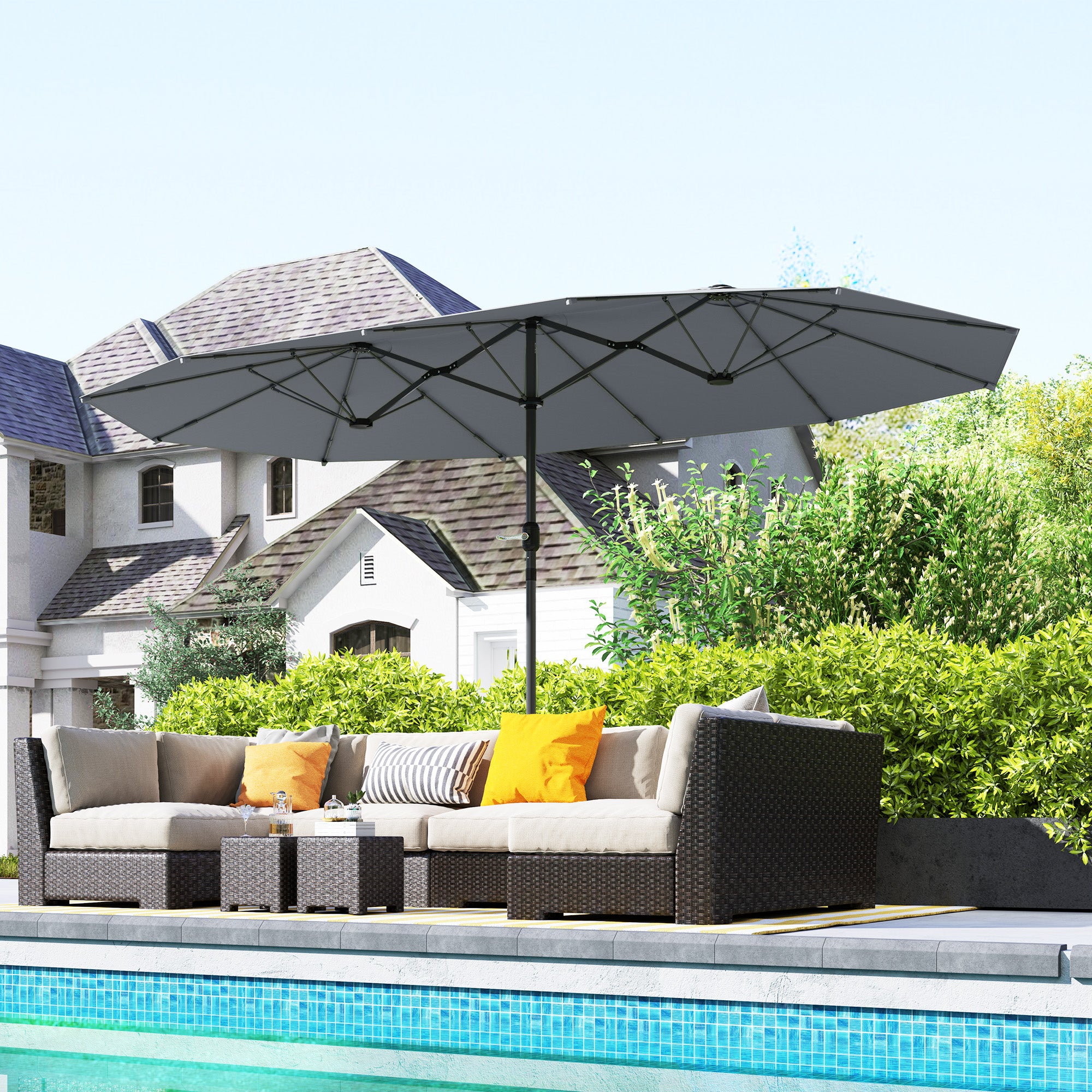 Double-Sided Sunshade 436 x 260 cm, UV Protection Steel Sunshade with Hand Crank, Oval Balcony Sunshade Beach Sunshade Windproof Stable Market Sunshade Crank Sunshade for Beach Balcony Garden, Dark Grey