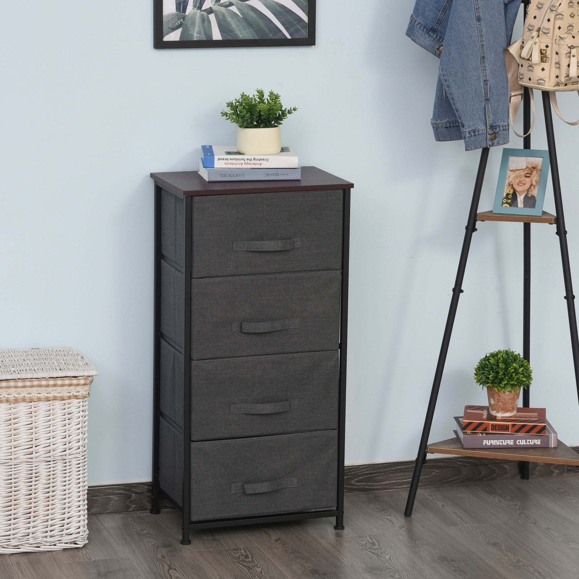 Fabric Chest of Drawers Storage Unit 4 Drawers Chiffonier dim. 45L x 30W x 92H cm Gray Metal Frame