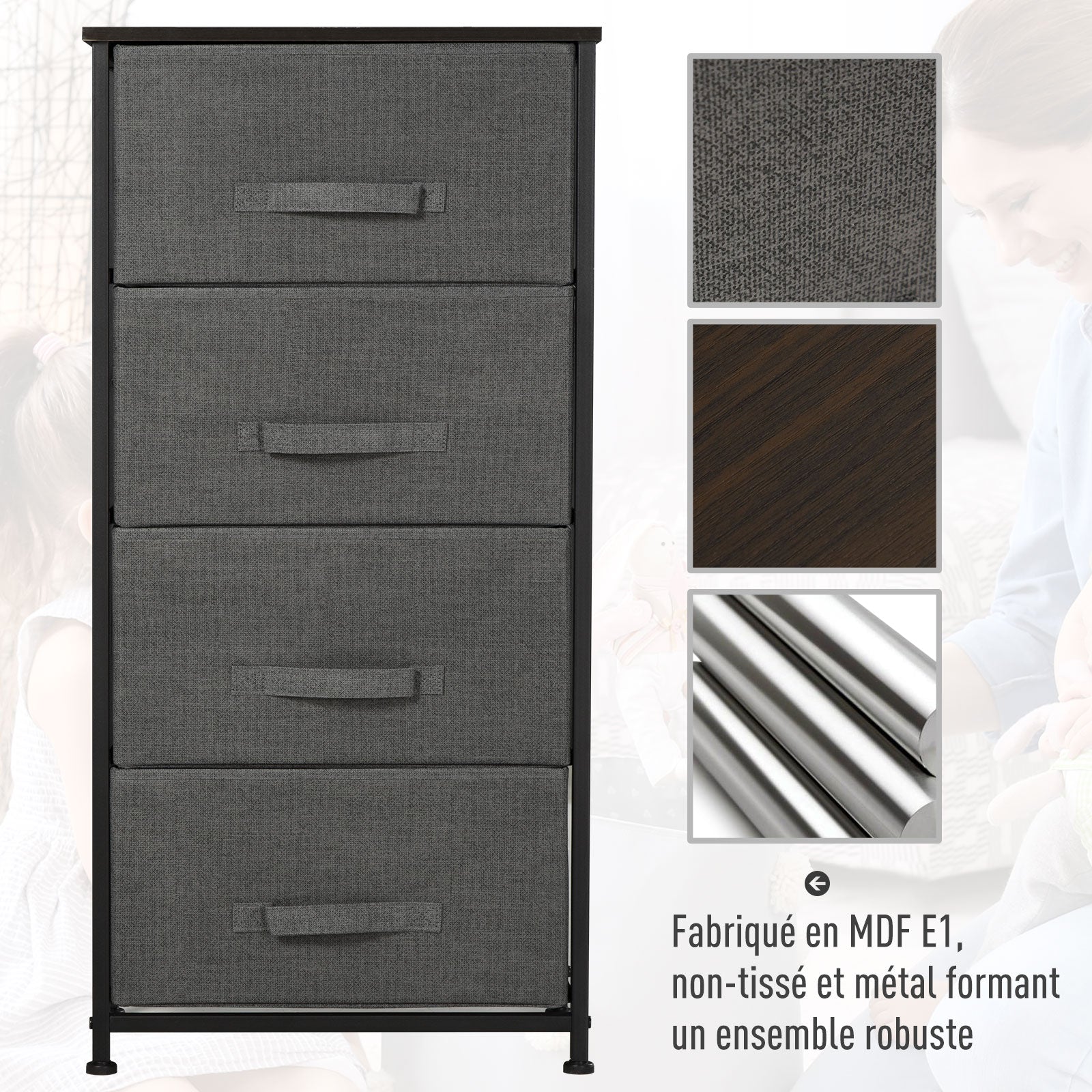 Fabric Chest of Drawers Storage Unit 4 Drawers Chiffonier dim. 45L x 30W x 92H cm Gray Metal Frame