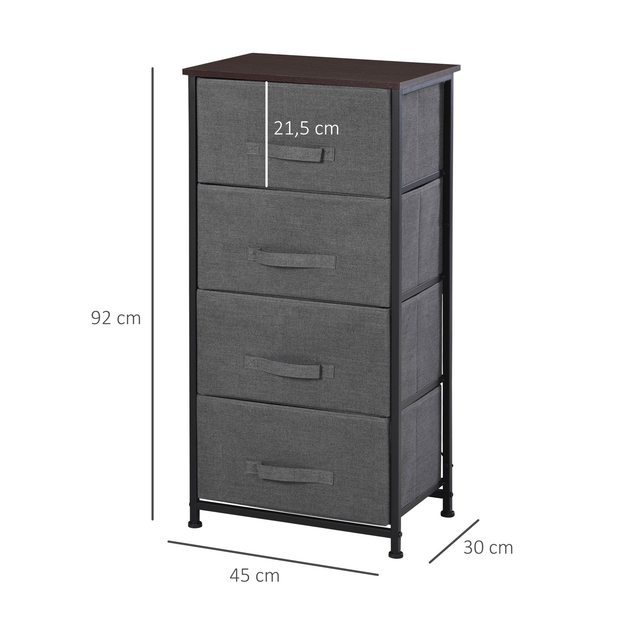 Fabric Chest of Drawers Storage Unit 4 Drawers Chiffonier dim. 45L x 30W x 92H cm Gray Metal Frame