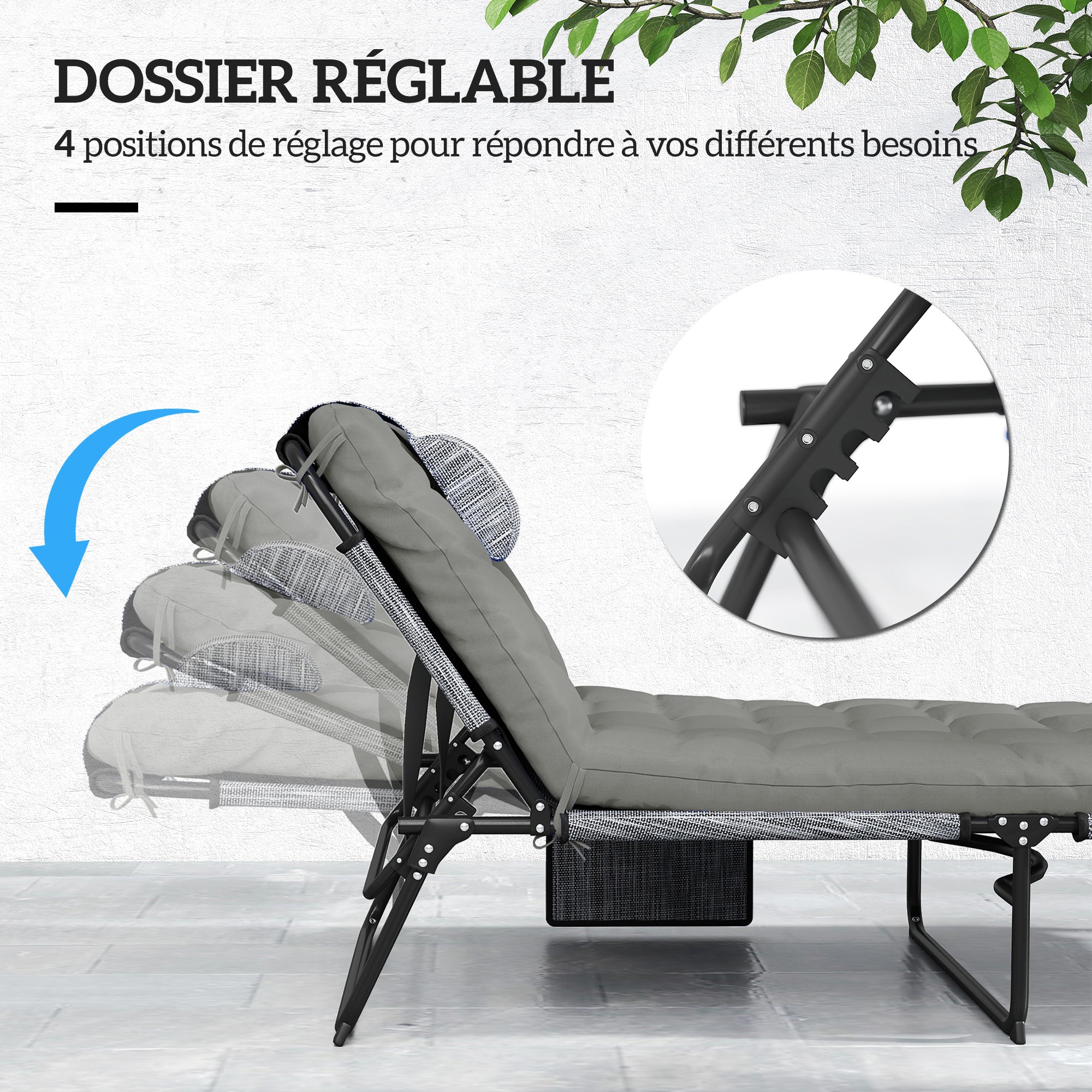 Set of 2 Folding Sun Loungers with 4-Position Reclining Backrest - Headrest and Ultra Comfortable Thick Mattress - Textilene Fabric and Steel, Gray