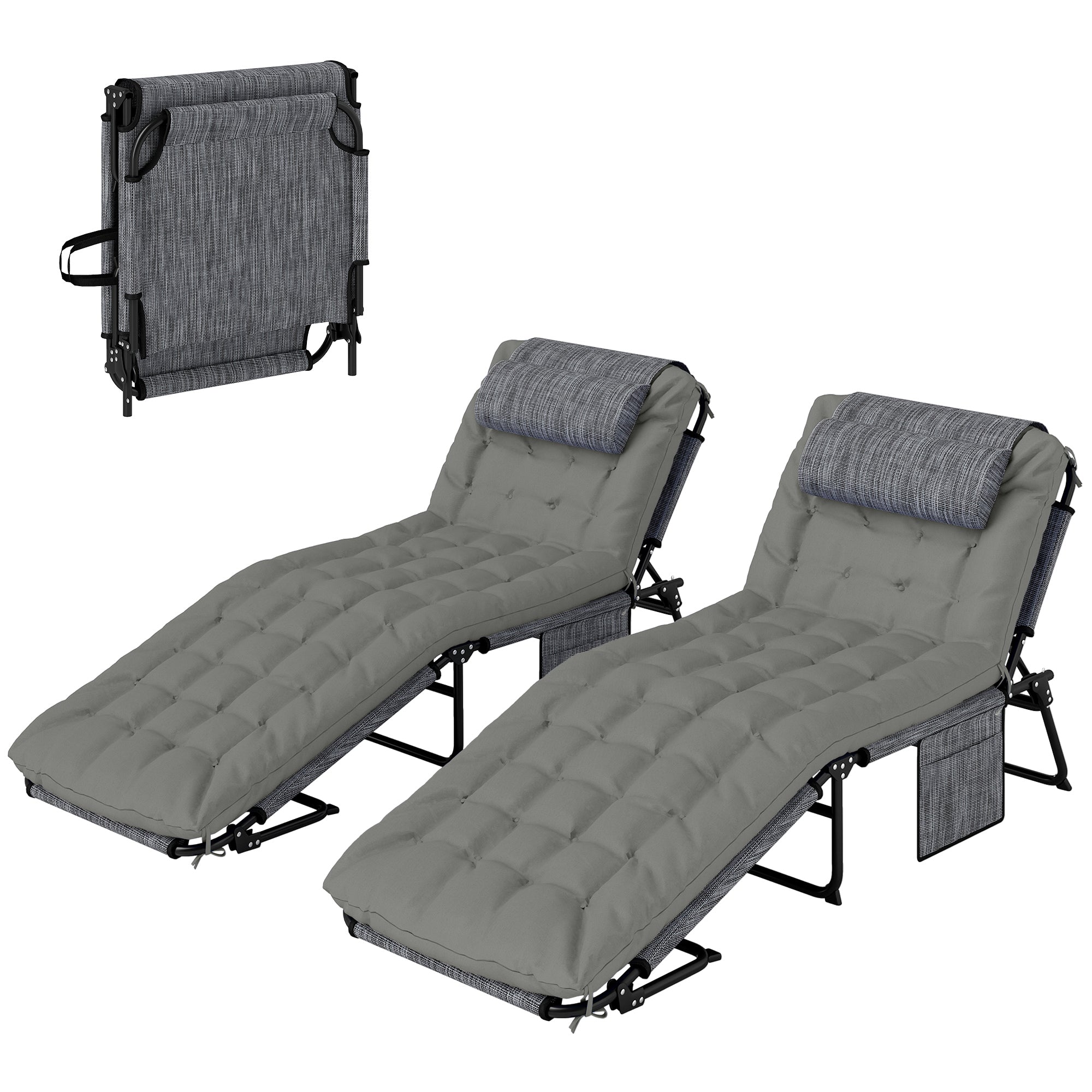 Set of 2 Folding Sun Loungers with 4-Position Reclining Backrest - Headrest and Ultra Comfortable Thick Mattress - Textilene Fabric and Steel, Gray