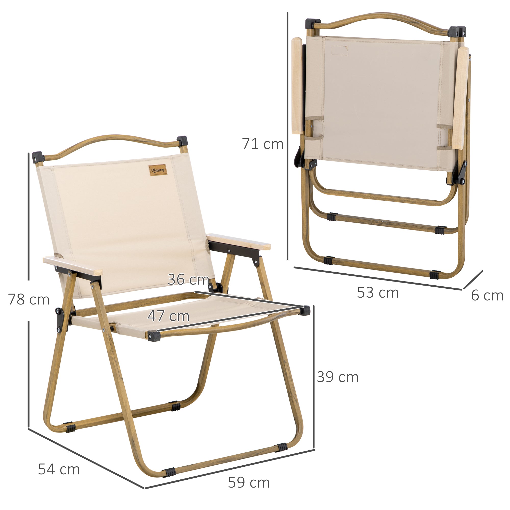 Camping Chair 2-Pack foldable garden chair with steel frame, wood look, folding chair for pool, beach, Oxford, Khaki